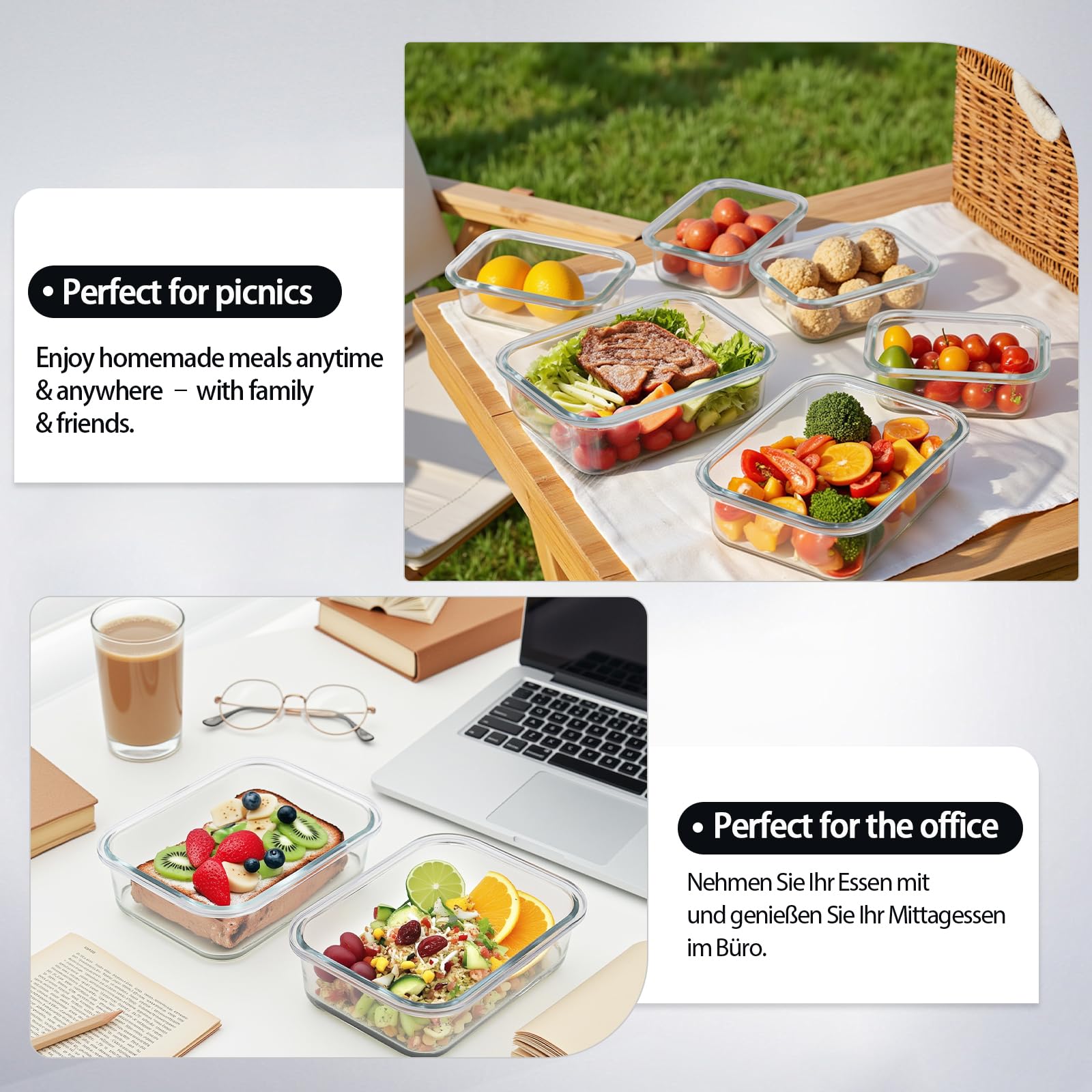 10 Pack Glas Meal Prep Containers, Glas Frischhaltedosen mit Deckel Luftdicht, Glas Vorratsdosen Set mit Deckel für Lebensmittel, BPA-frei, auslaufsicher, Mikrowelle Ofen Gefrierschrank