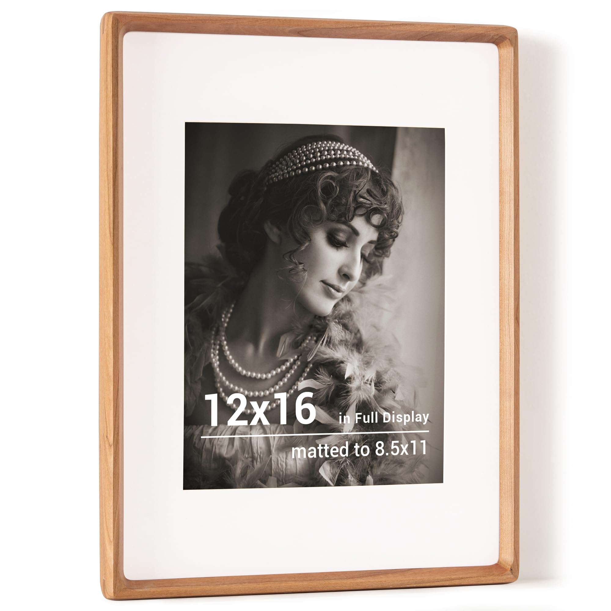 12x16 Picture Frame, Natural Cherry Wood Photo Frames with HD Tempered Glass, Handcrafted Rounded Corner 12 x 16 Wooden Frames Matted to 8.5x11 Photos, Horizontal or Vertical Wall Display — image 1