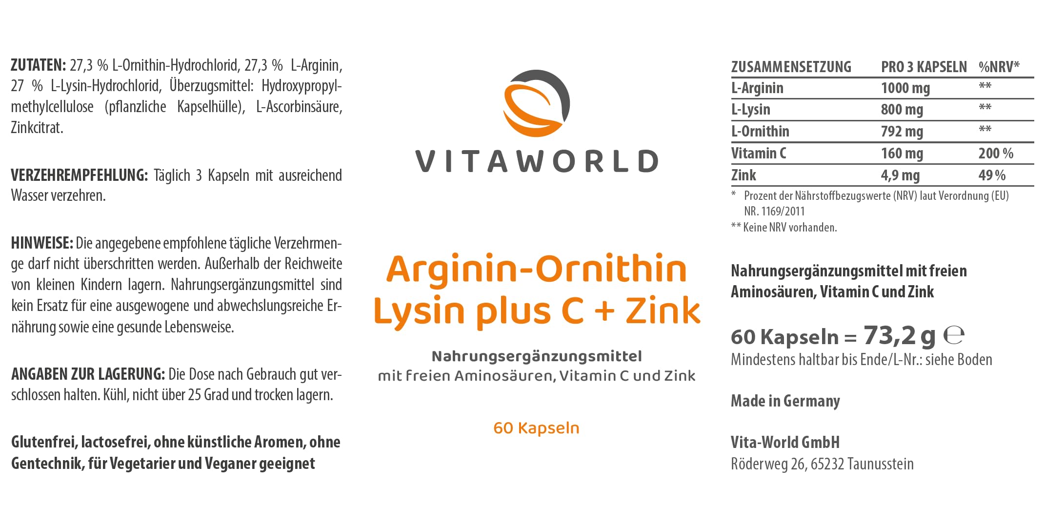 3er Pack Vita World Arginin-Ornithin-Lysin Plus C + Zink 3 x 60 Kapseln Vegan Apotheken Herstellung