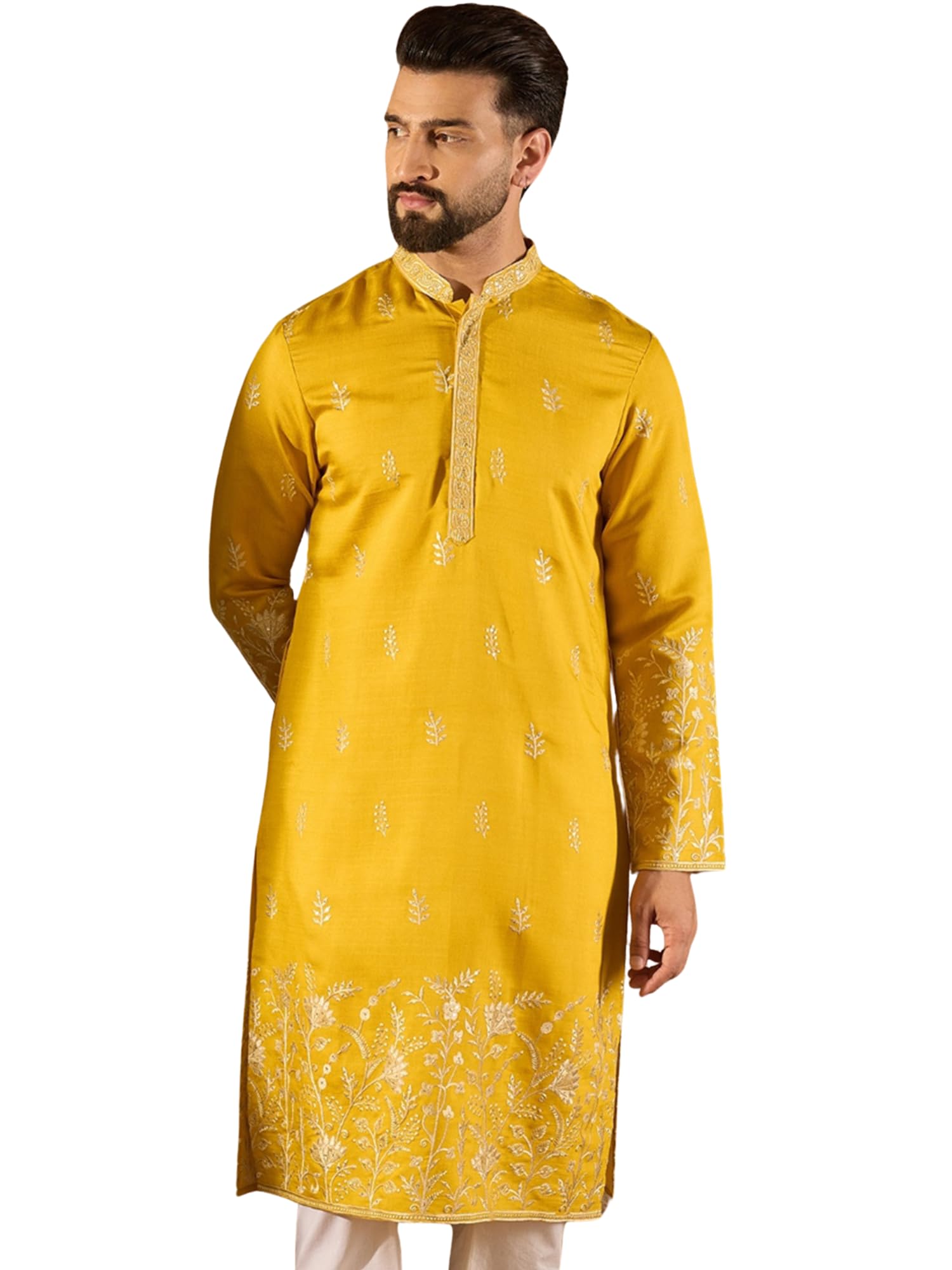 ethnic bay Men's Yellow Chanderi Silk Solid Embroidered Design Calf Length Kurta Set | Embroidered Design Kurtas Sets For Mens | Straight Fit Kurta's For Men-picture-18
