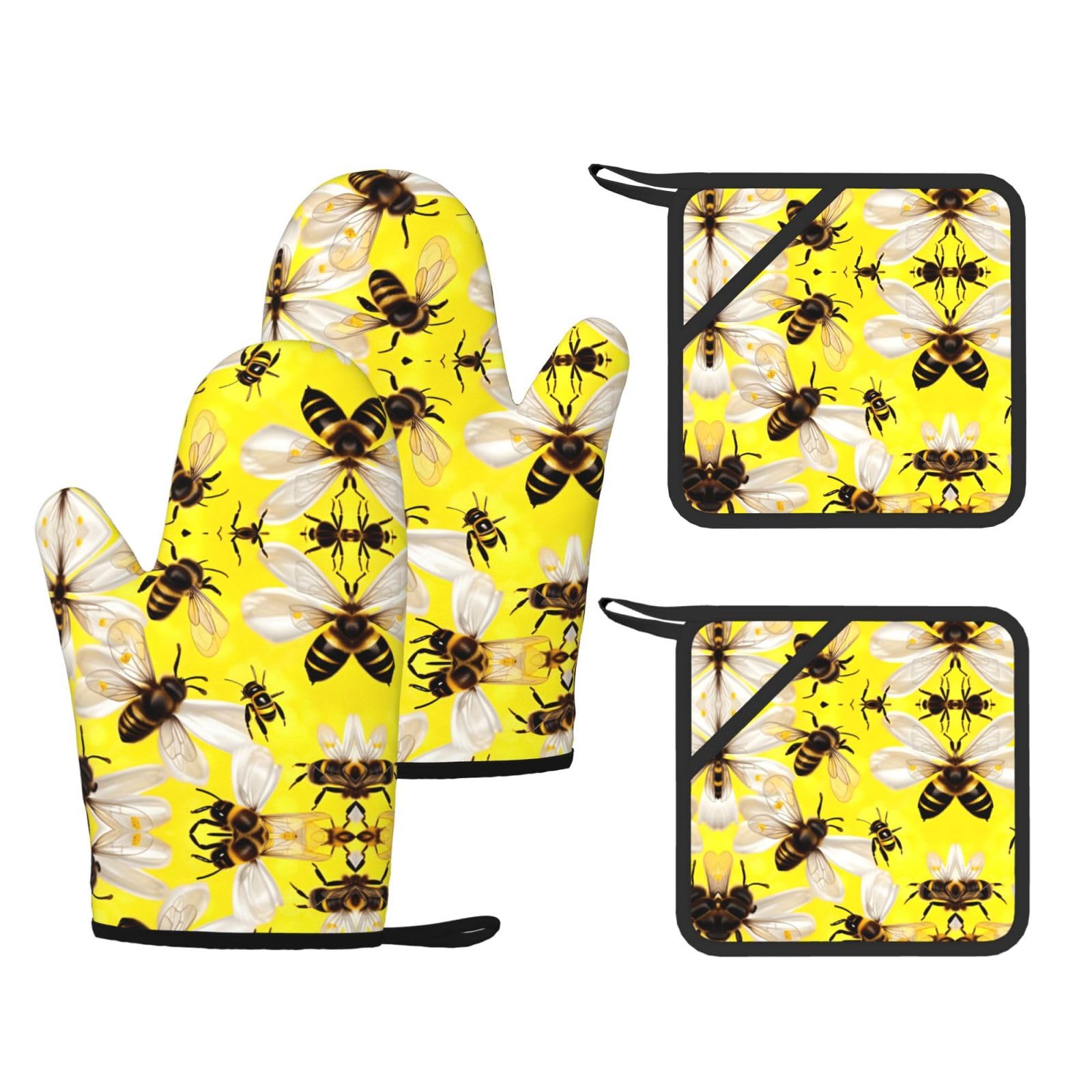 Flying Bees Daisy Honeys Printed Pot Holders and Oven Mitts 4-Piece, Non-Slip Kitchen Gloves with Utensil Pocket for BBQ