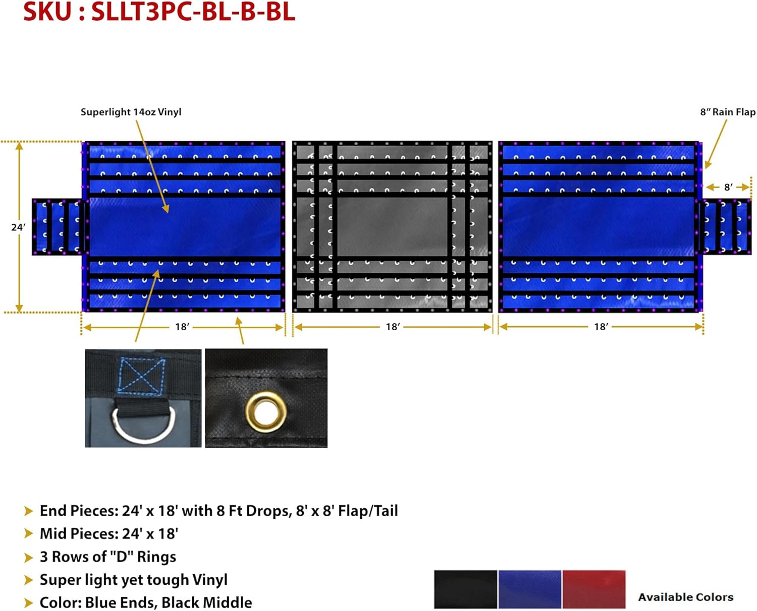 Mytee Products Superlight 14oz 3 Pc Lumber Tarp (8' Drop) - Blue Ends, Black Middle