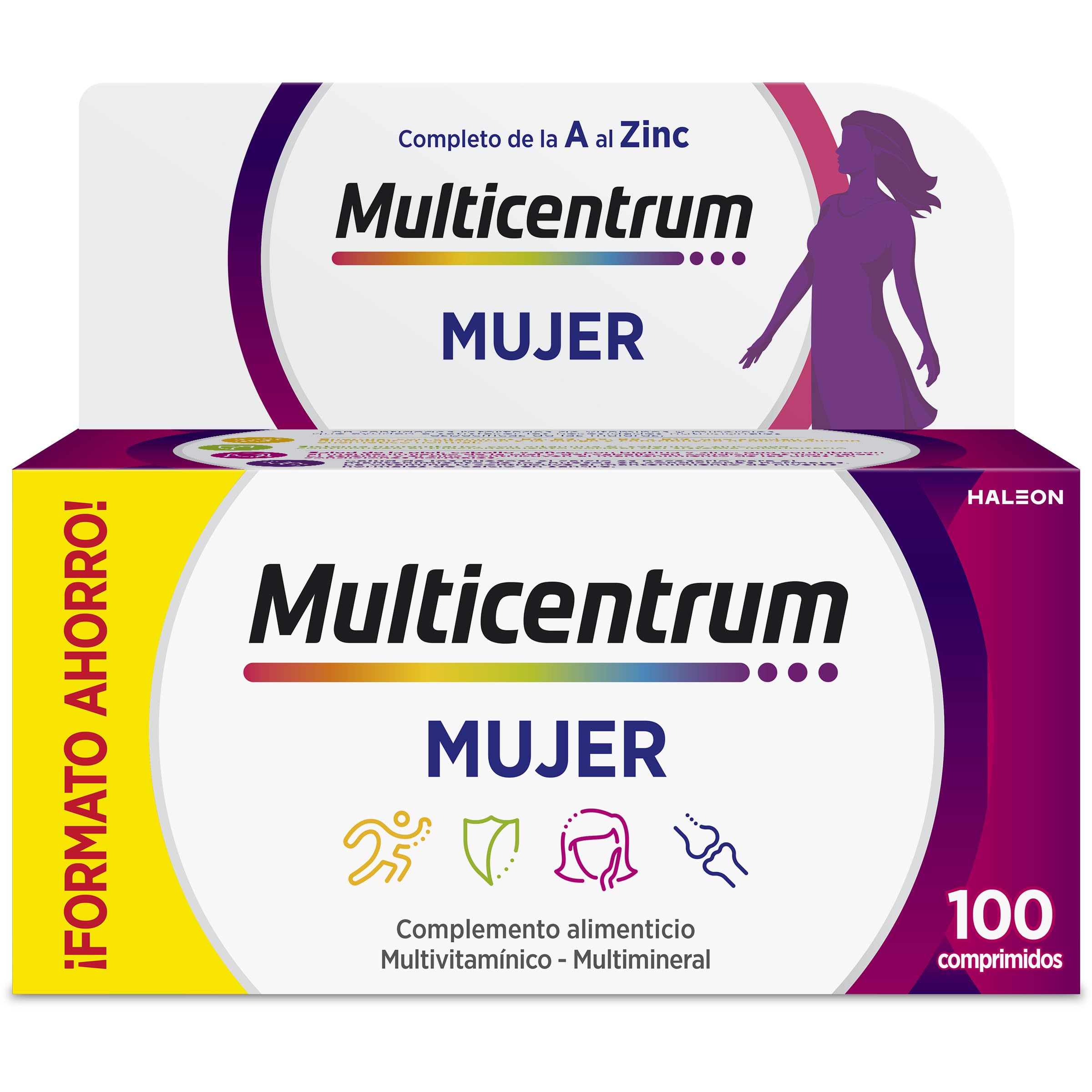 Multicentrum Mujer Complemento Alimenticio Multivitamínico y Multimineral Para Mujeres, Con Vitamina C y Zinc, Sin Gluten, 100 Comprimidos