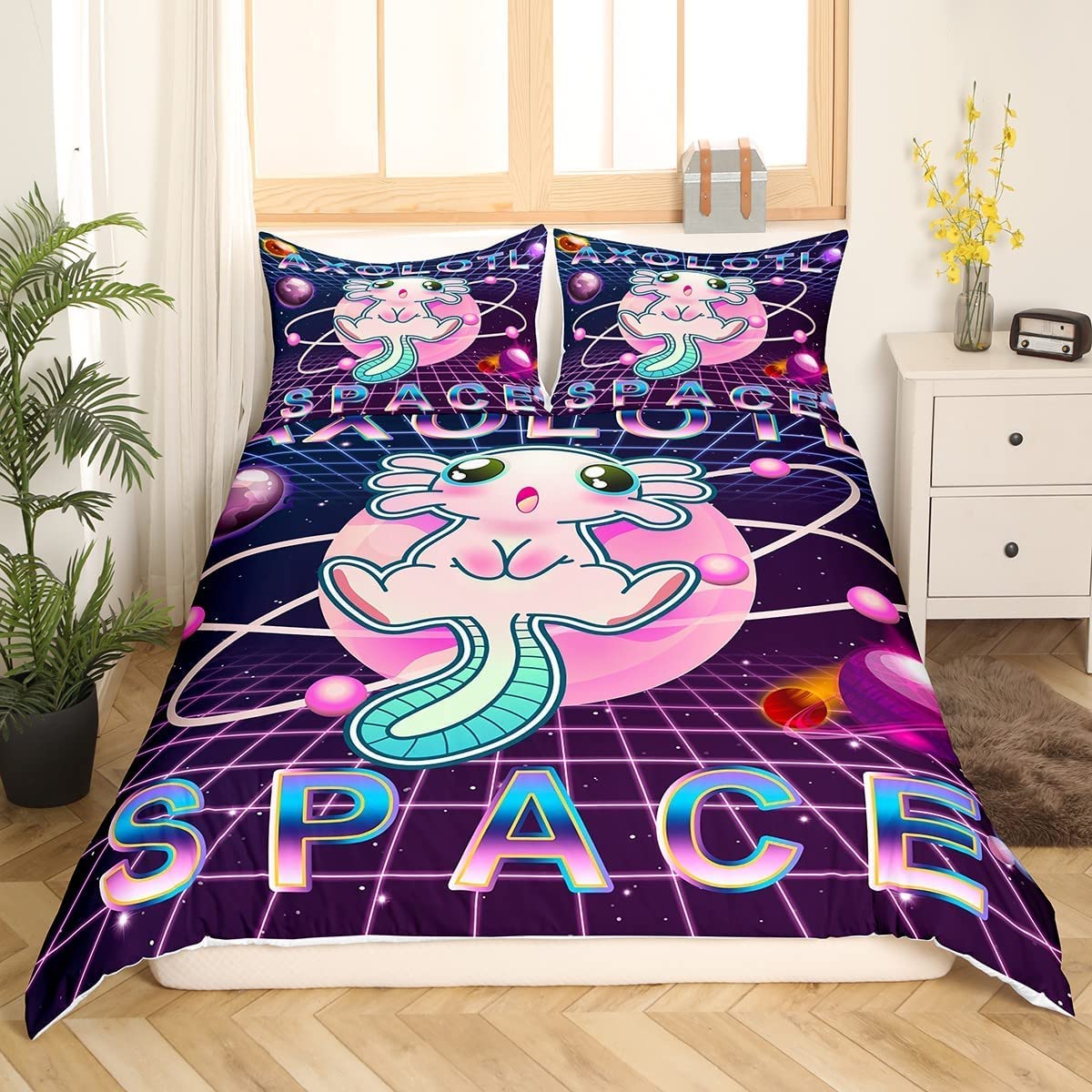 Kawaii Axolotl Bedding Set King For Boys Kids Galaxy Starry Sky Comforter Cover Teens Girls Universe Outer Space Duvet Cover Cute Reptiles Animal Coastal Axolotl Bedspread Cover With 2 Pillowcase