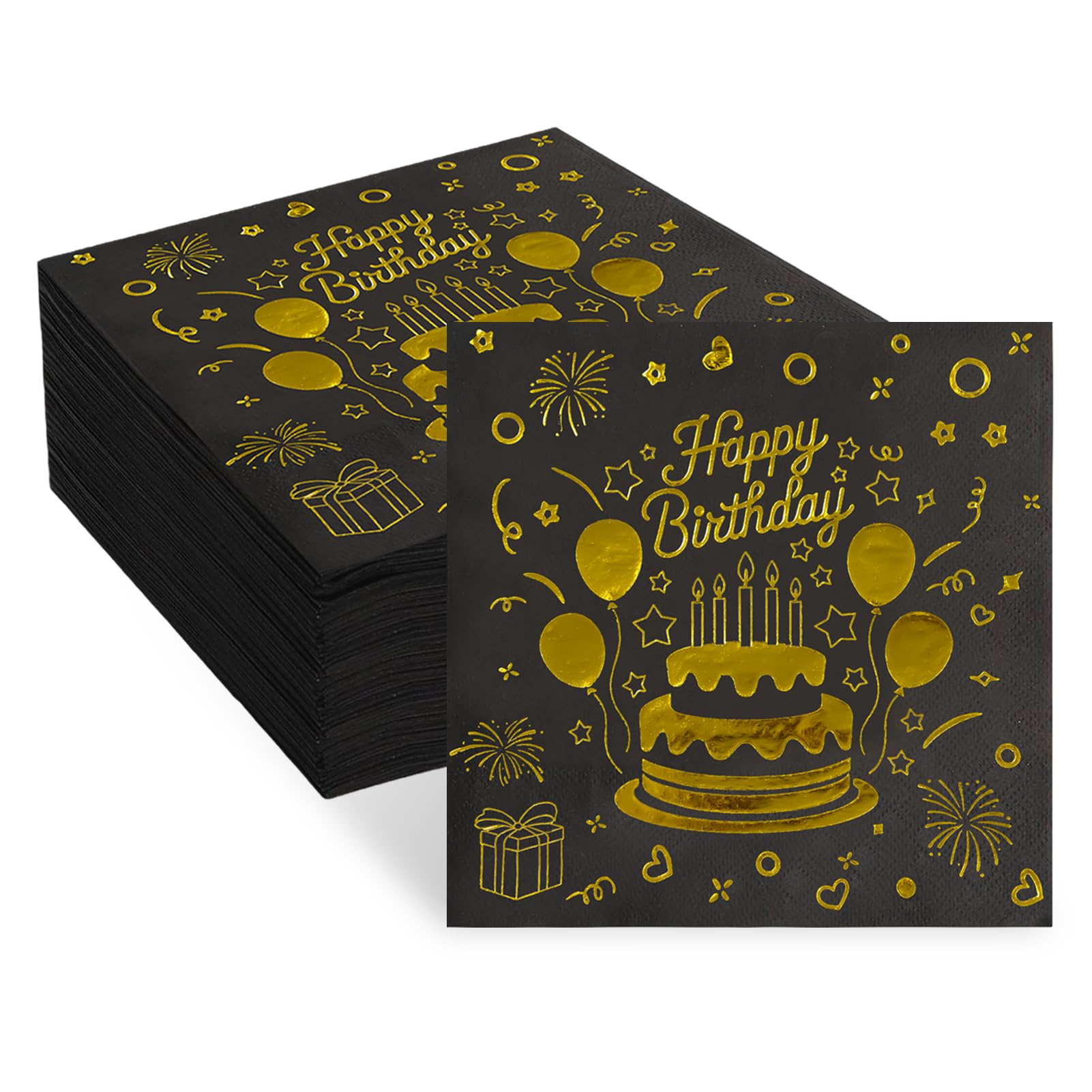 40 Pcs Happy Birthday Napkins-Black and Gold Napkins, Serviettes, Black Party Set for Table Decorations Cocktail Supplies(2 Layers-33x33cm) — image 1