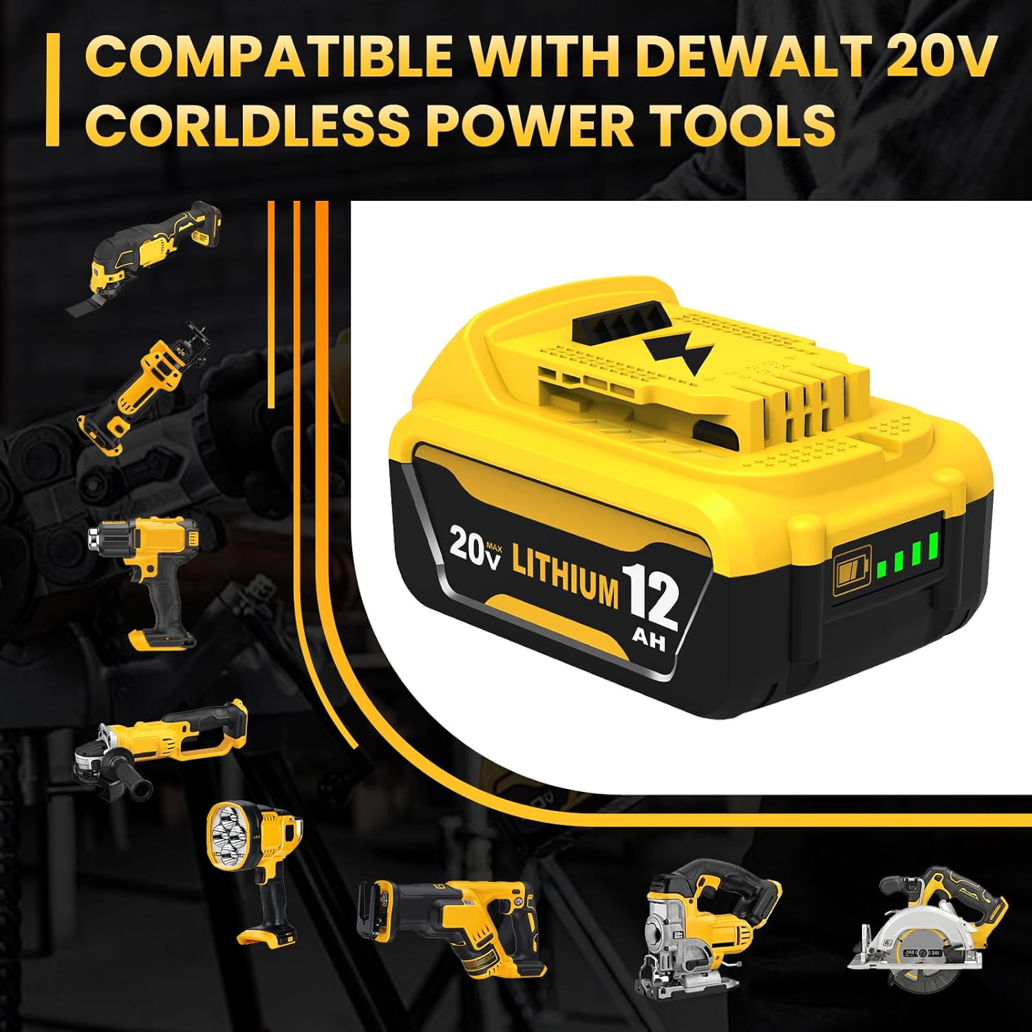 12Ah DCB208 Battery Replacement for Dewalt 20V Battery Compatible with Dewalt 20V Max Batteries DCB209 DCB207 DCB206 DCB204 DCB203 DCB201 DCB200 DCD/DCF/DCG Series Cordless Tools(Yellow-4P)