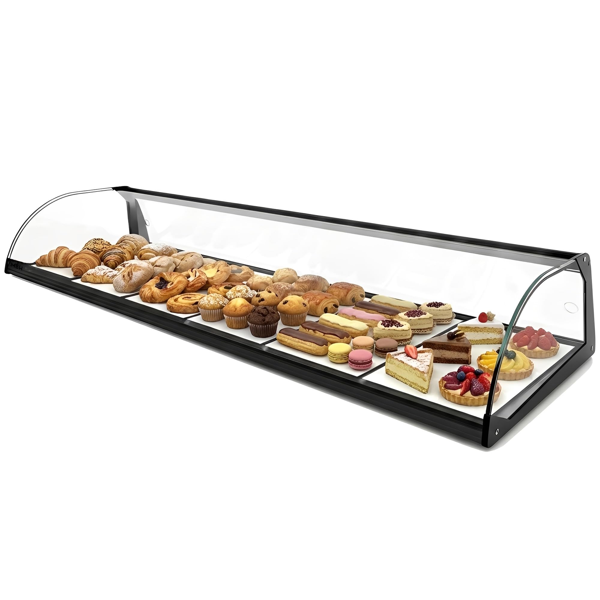MBH - Vitrina Expositora Neutra de Sobremostrador 119 cm, Cristal Curvo Templado, 1 Piso, sin Iluminación LED, con Puertas Traseras Correderas, para Bar, Cafetería, Restaurante, Bollería y Repostería.