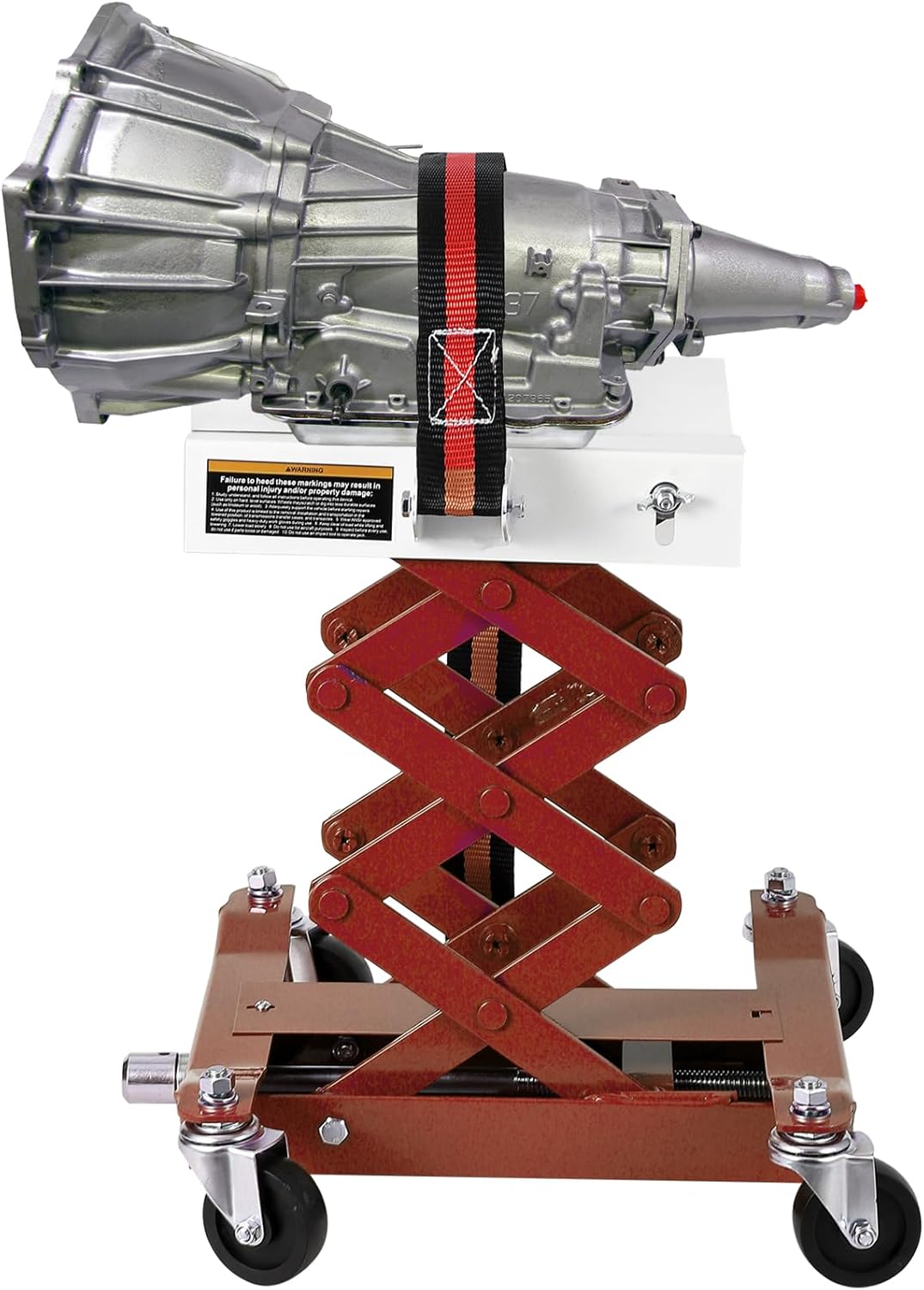 450 Lbs Capacity Transmission Jack - Low Profile Adjustable Lift for Car & Truck Transmission Repair, Includes Safety Strap & 4 Swivel Casters