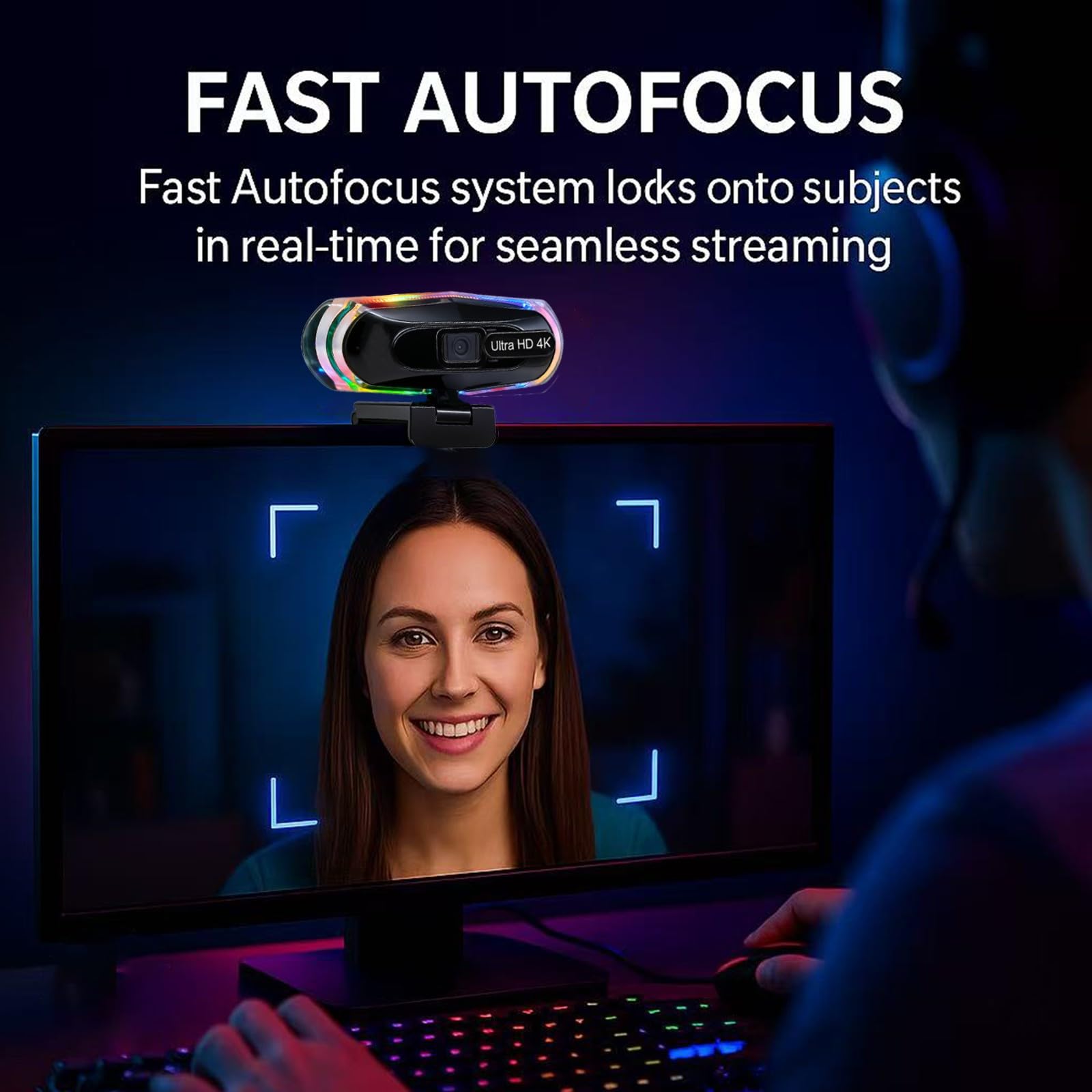 4K & 1080P 60FPS Webcam with Autofocus, Dual Mics, RGB Lighting, Privacy Cover, & Play for Streaming/Conferencing(4K AF)