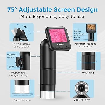 APEXEL 800X Handheld Digital Microscope with 2 LCD Screen, Pocket Portable Microscope for Kids with Adjustable LED Lights, Coins Microscopes Magnifier Camera, USB to PC (SD Card Not Included)