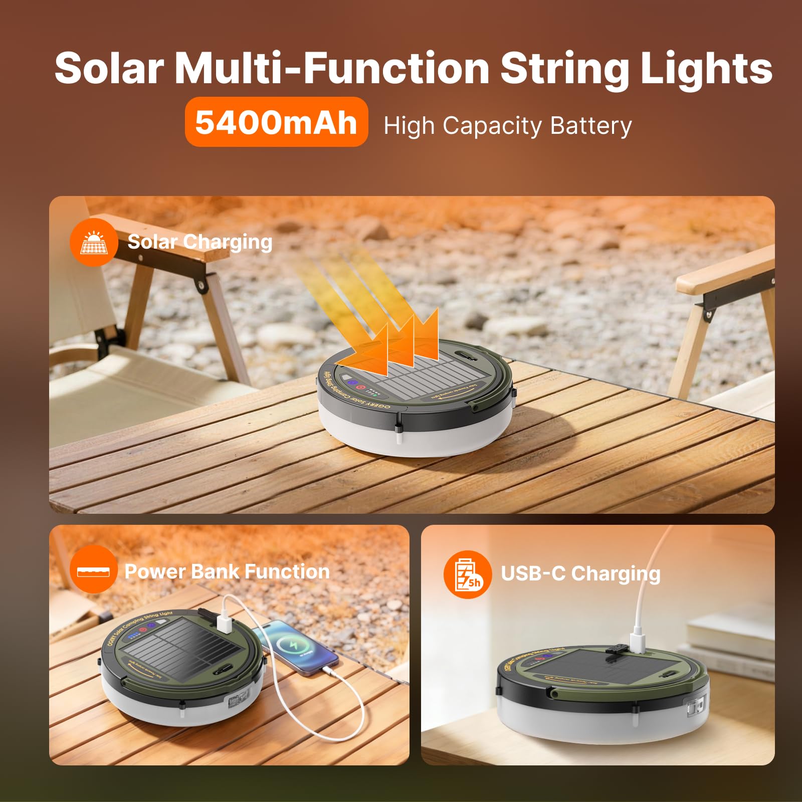 OGERY Solar-Camping-Lichterkette, 5400 mAh, 11 Modi, wiederaufladbar, Camping-Lichter, Outdoor/Indoor, 4-in-1, schnelle Lagerung, Lichterkette, tragbare LED-Lampe für Terrasse, Hof, Party, Dekoration