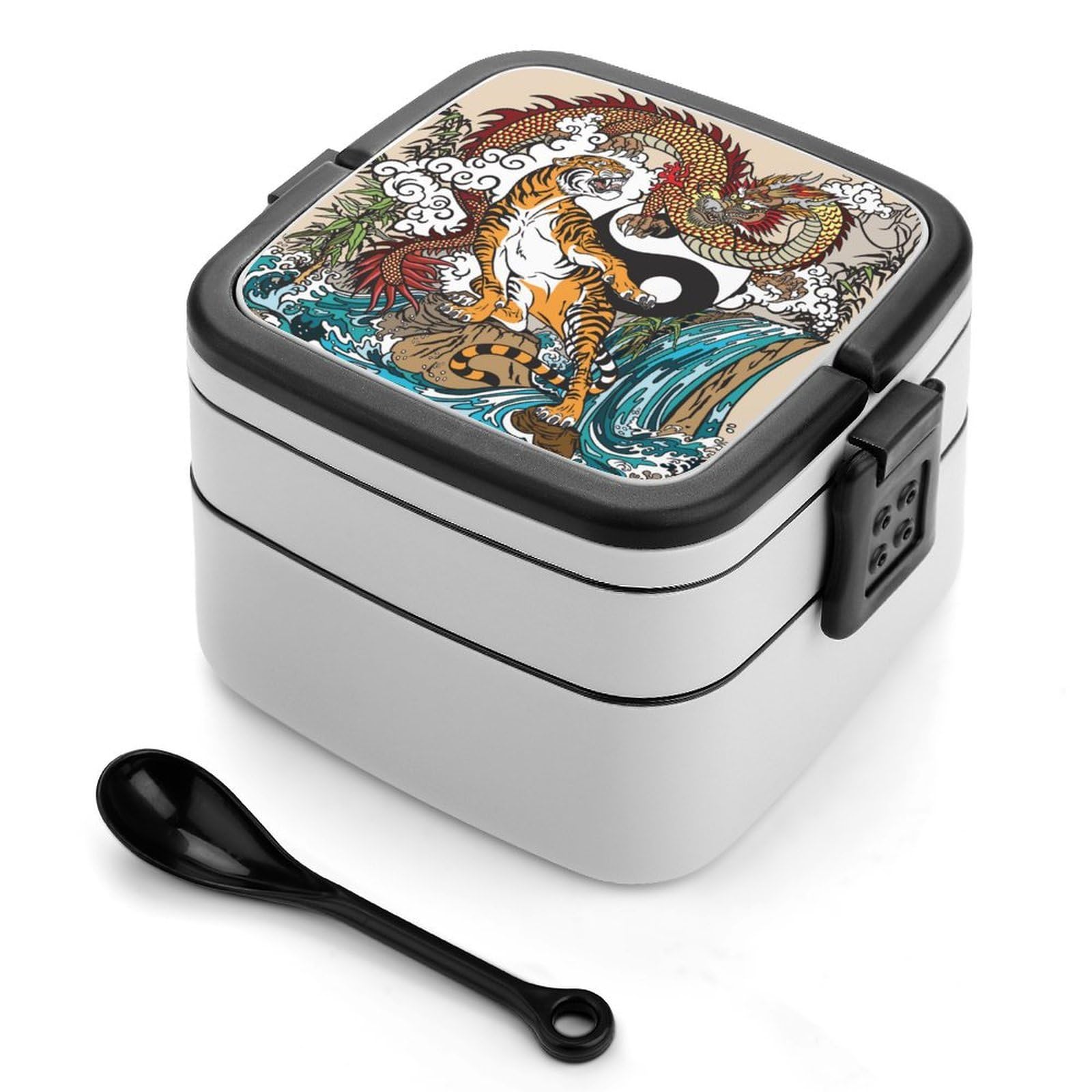 CGSBNGHA Ying-and-Yang Chinese Dragon And Tiger Bento Lunch Box 2 Layer Lunchbox Food Container for Adults Office