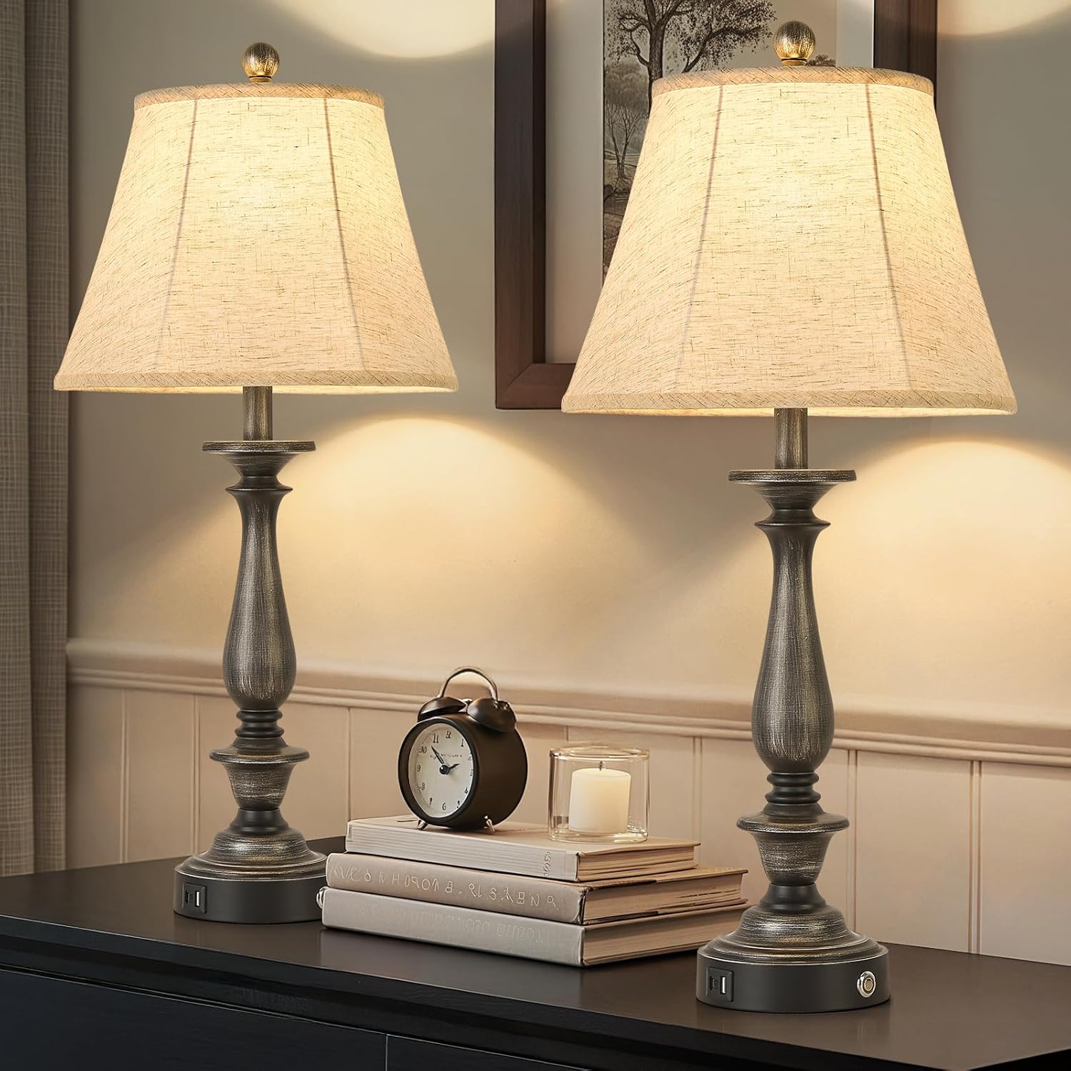 AIDENOEY 28.5" Traditional Table Lamp Set of 2, Rustic Farmhouse Table Lamps for Living Room Bedroom, Bedside Desk Lamps Vintage Nightstand Lamps with Silk Fabric Shades, Antique Silver Table Lamp