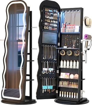 Vlsrka LED Mirror Jewelry Cabinet Standing, 360 Swivel, Black | Lockable Jewelry Armoire with Mirror, Interior LED Makeup Mirror, Foldable Shelf, Large Capacity, Gift for Women, Girls