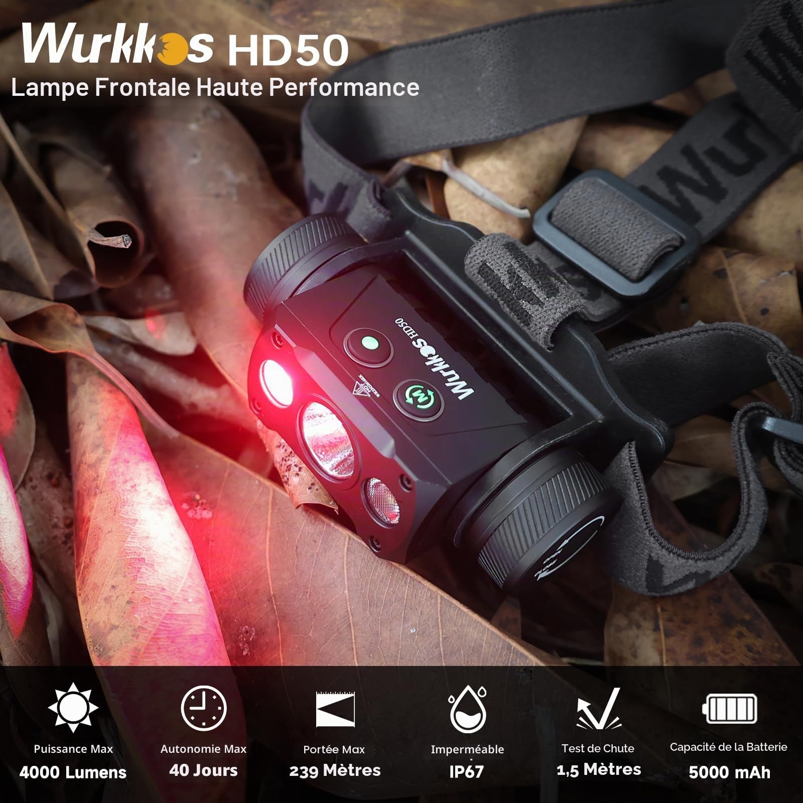 Wurkkos Lampe frontale LED HD50 avec 4000 lumens, IPX8 étanche | lampe frontale LED de type C avec 9 modes de luminosité, lampe de poche super lumineuse, utilisée pour la course de nuit