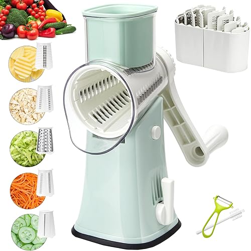 Rallador de queso, rallador de queso giratorio 5 en 1, triturador de queso multiusos de acero inoxidable, rallador de queso con mango Rallado sin