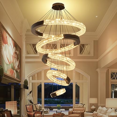 Miniatura 11 de Gran araña de anillo dorado moderna LED de 5 anillos de cristal para techos altos Vestíbulo Escalera de arañas D12''+20''+28''+35''+43'' Oro