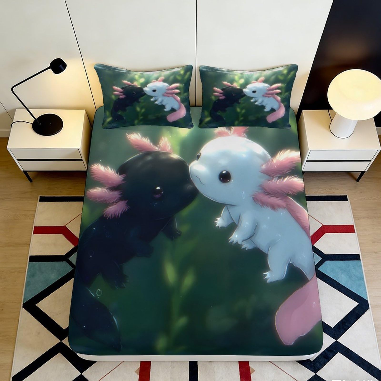 3D Printed Axolotl Fitted Sheet Microfiber Soft Breathable Underwater Creature Bed Cover for Bedroom Dormitory Guest Room Mattress Protection Decor 180x200x25cm
