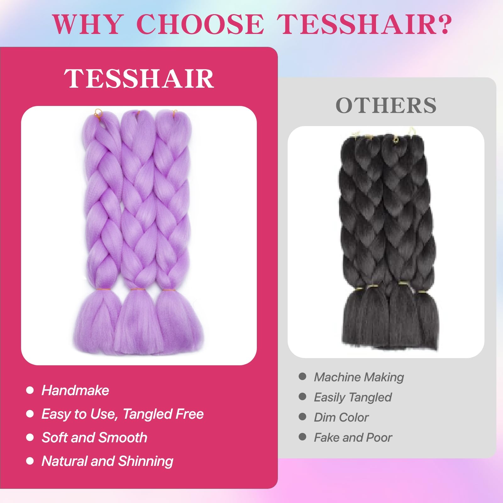 tesshair Braiding Hair Extensions 24 Inch Jumbo Braiding for Twist Braiding Synthetic Fashion Braids Extensions Hair Natural Braid Extensions for Women Grils (Light Purple - Image 3