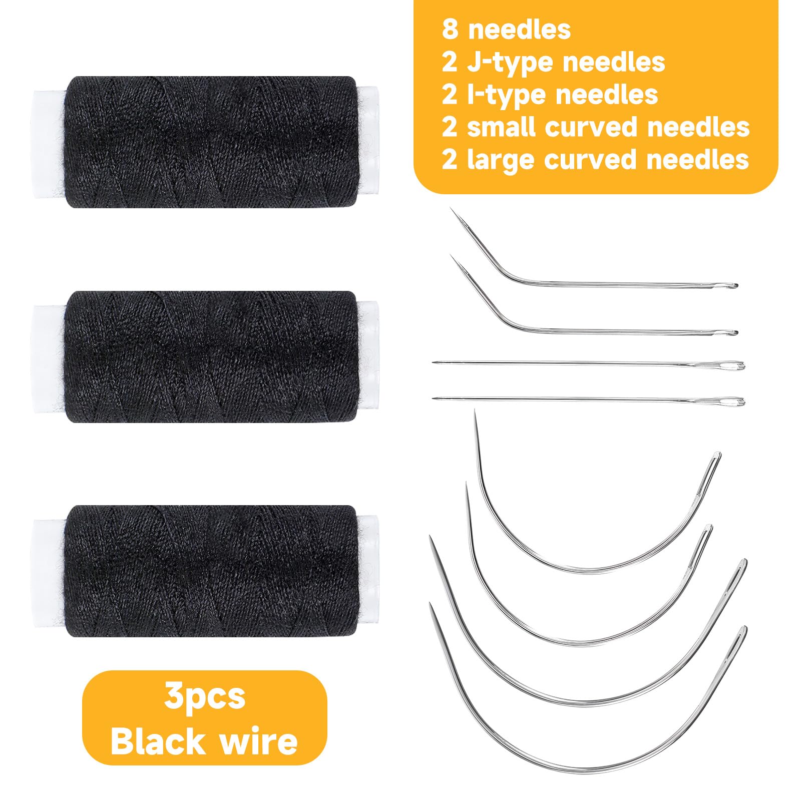 Needle and Thread Set for Hair, Weaving Needle Combo Deal, Professional Hair Extension Tools, Sewing Threads and Needles Set, Black Thread with 8pcs Needles for Sewing Hairs Weave Extension Making Wig