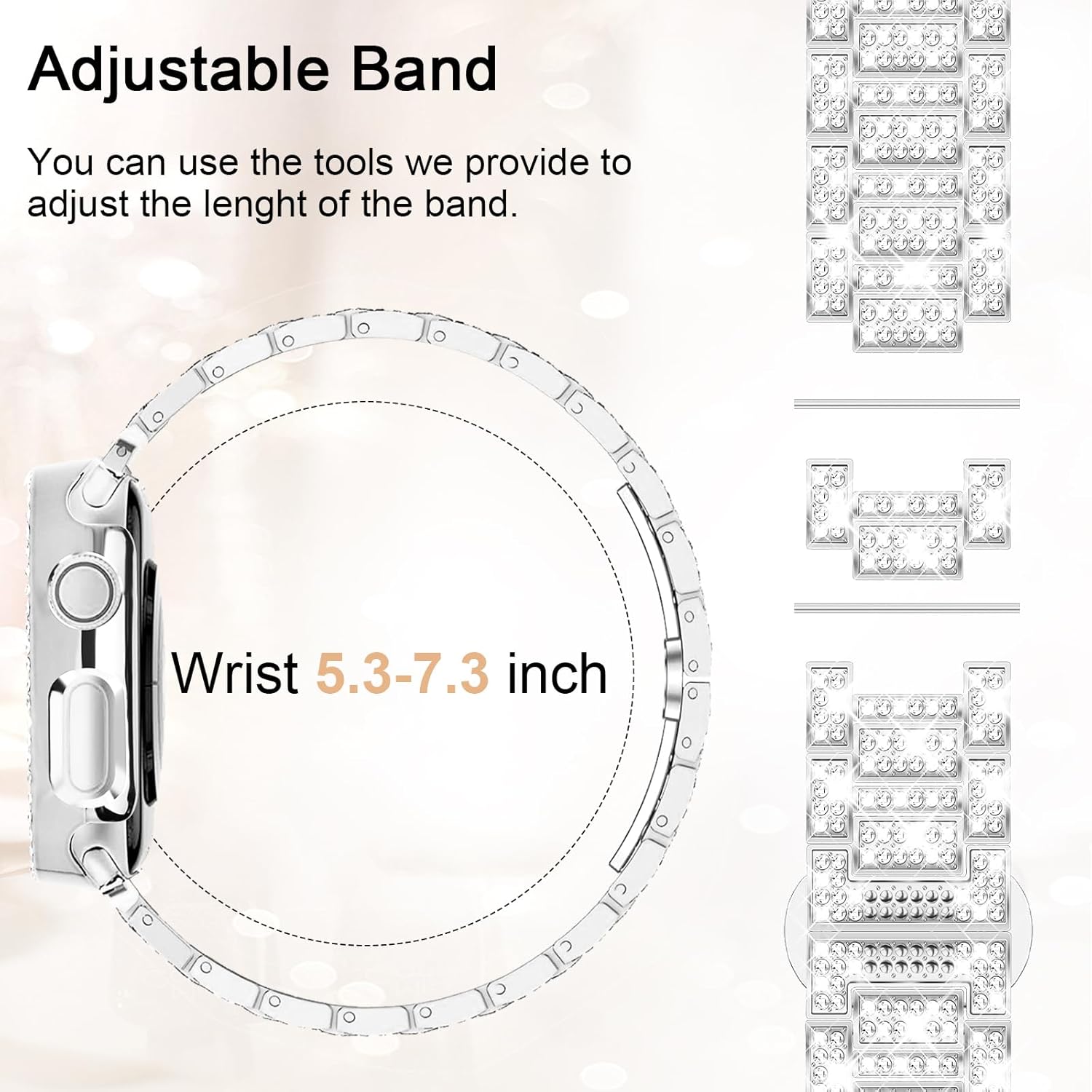 Newlibery Full Bling Watch Bands with Bling Case for Women Compatible with Apple Watch Band 42mm Elegant Dressy Jewelry Replacement Metal Link Wristband Protector Cover for iWatch Series 10/11 Silver
