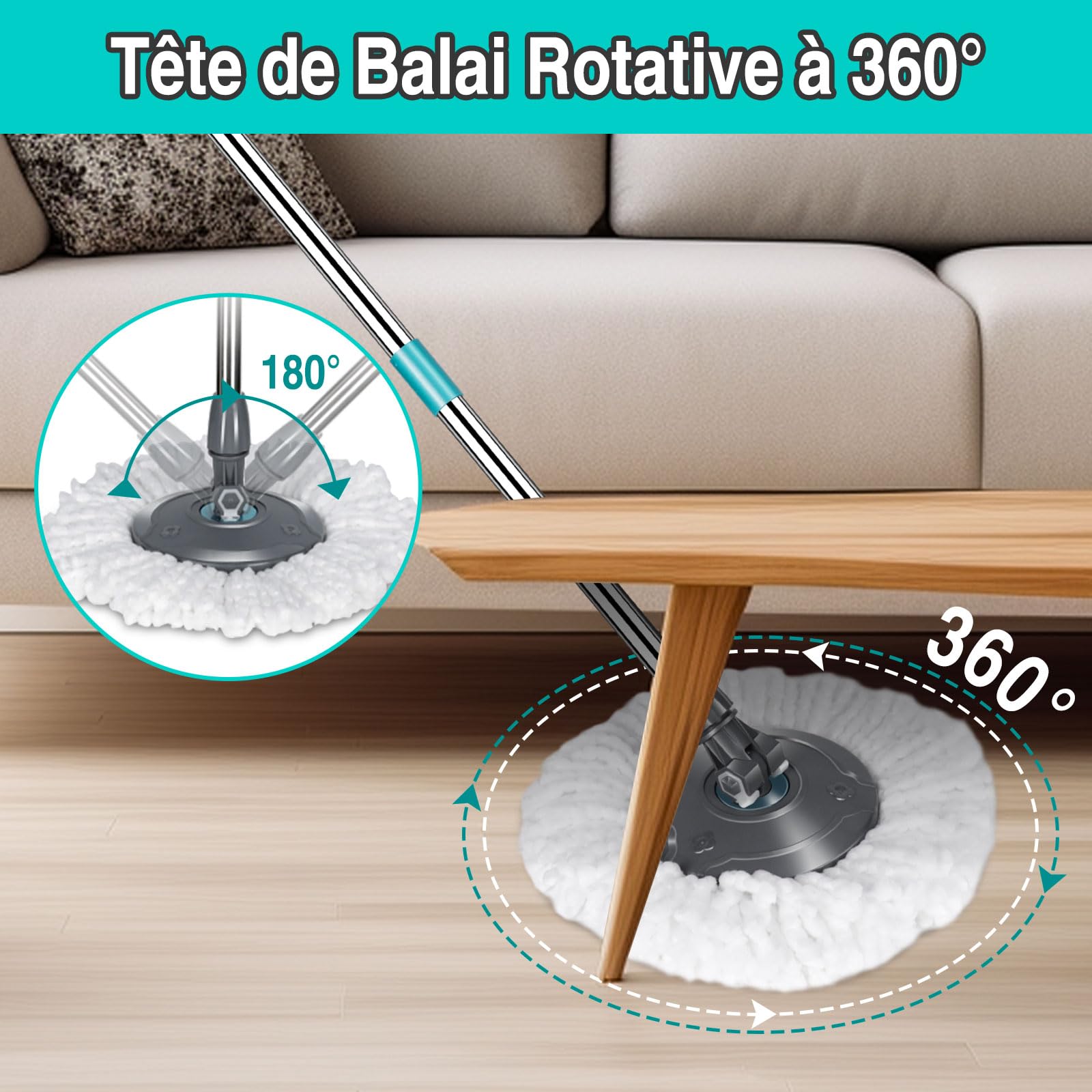 MASTERTOP Balai à Franges et Seau Essoreur à Pédale, Seau Empilable de 2 Bacs à l'eau Sale Séparée, Serpillière Rotative 360° avec Manche Téléscopique et 6 Tampons Microfibre