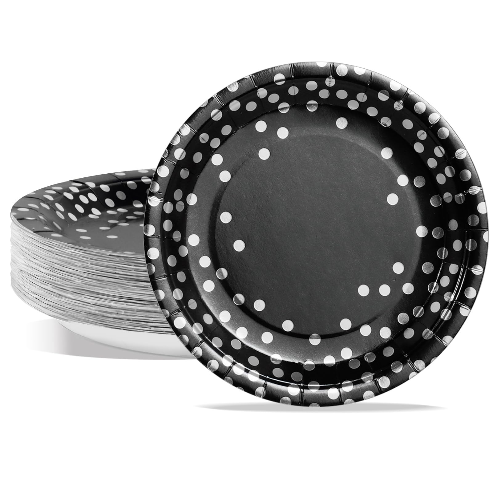 PYAILI Party Paper Plates, 50-Pack Disposable Black Silver Plates, Foil Polka Dots, 18 Centimetres-7 Inch