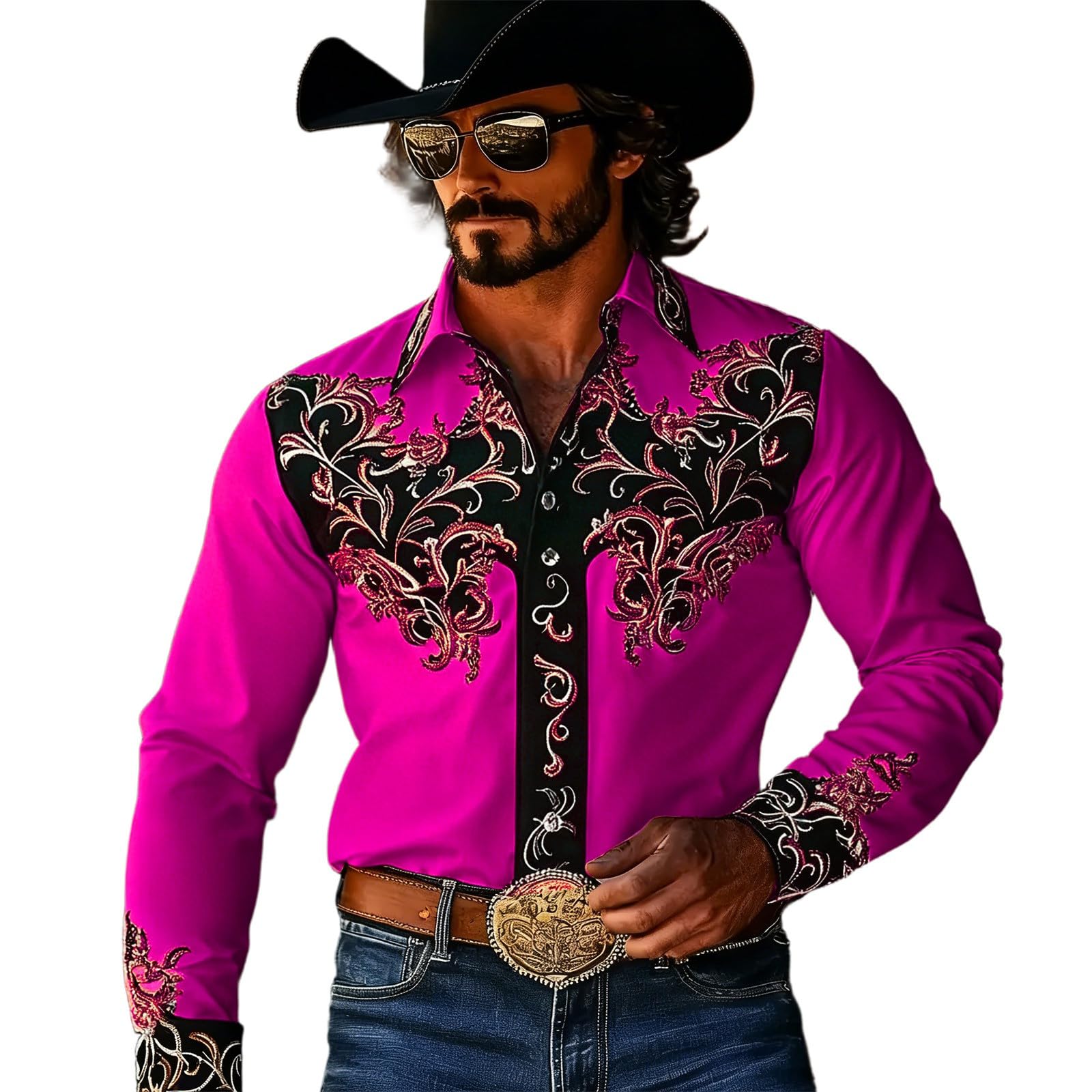 Fancy Dress Shirts Men's Cowboy Costume Long Sleeve Retro Western Shirt Western Lapel Shirt Vintage Style Long Sleeve Shirt with Ornament Pattern Festive Party Shirt for Theme Party Country Festival