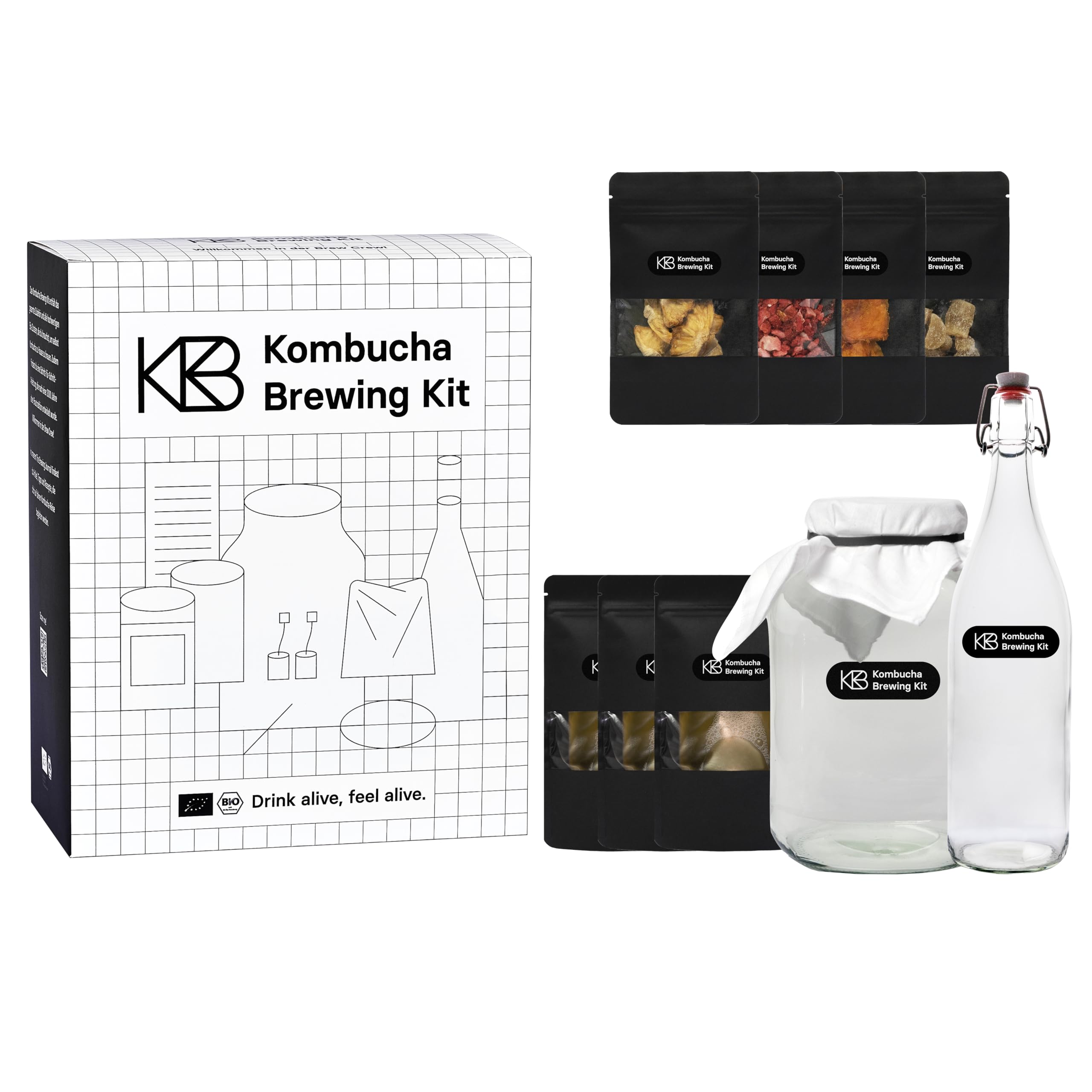 Kombucha Brewing Kit XL Bundlecon 2x coltura starter SCOBY biologica, 4 gusti di infusione, con 2x vaso di fermentazione, 2 bottiglia swing-top, zucchero di canna grezzo biologico, cannuccia di vetro