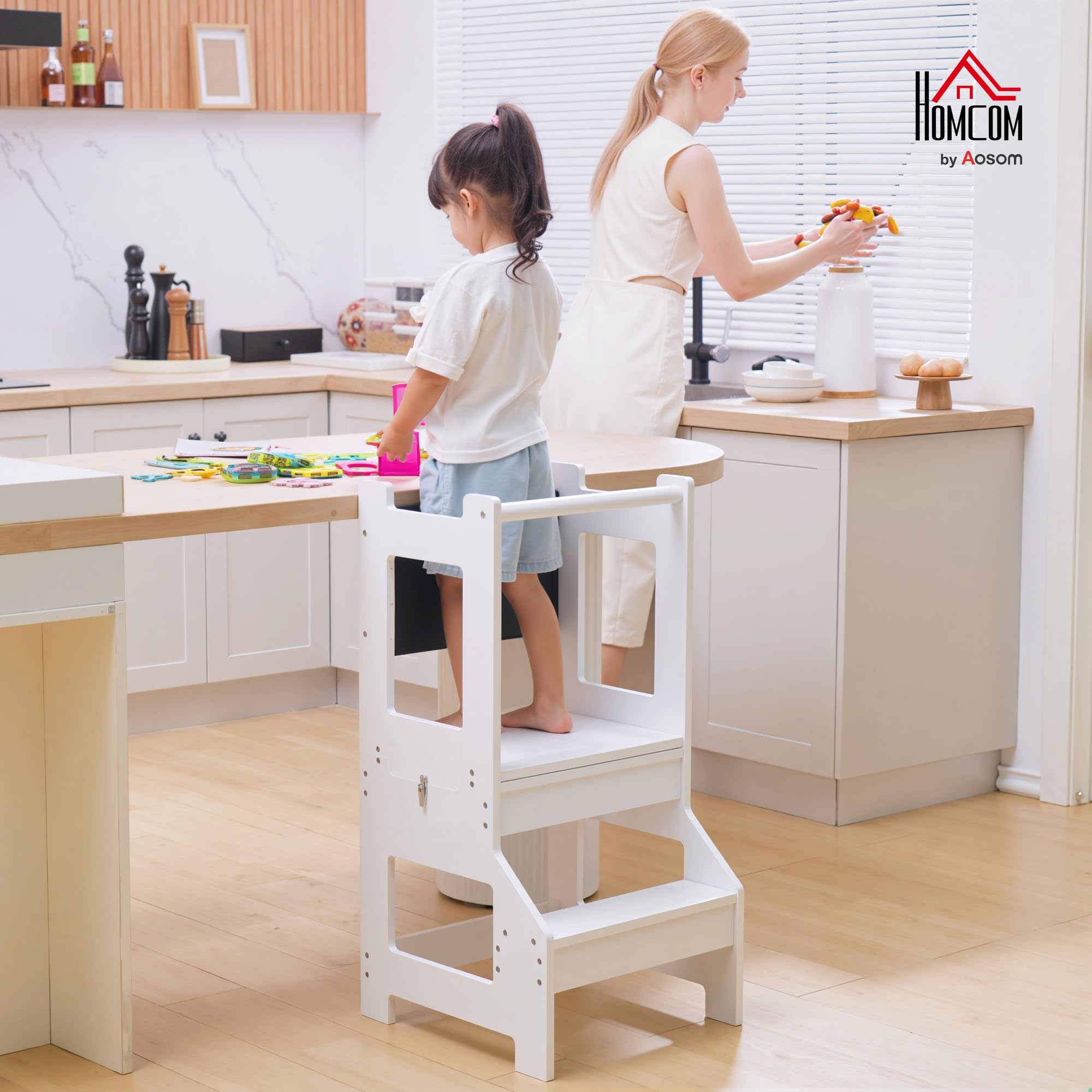 HOMCOM Scala Montessori 2 in 1 in MDF Staccabile, Torre Montessoriana per Bambini 3-6 Anni, Torre di Apprendimento con Sgabello, Lavagna, Corrimano e Parapetti inclusi, Bianco