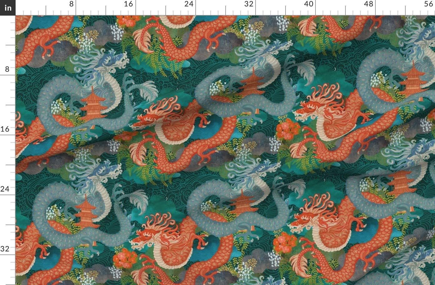 Spoonflower Fabric - Japanese Dragon Folklore Maximalist Mythical Creatures Cryptozoology Printed on Organic Cotton Sateen Fabric by The Yard - Sewing Quilting Apparel Home Decor