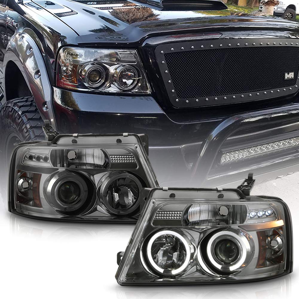 ACANII - For 2004-2008 Ford F150 LED Dual Halo Ring Smoked Lens Projector Headlights Headlamps, Driver & Passenger Side