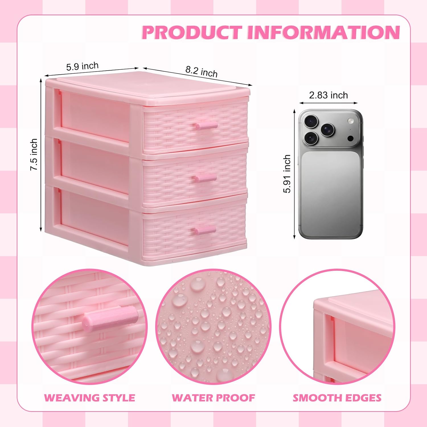 Small Storage Desk Wicker Weave Drawer 3 Drawers Plastic Storage Mini Plastic Weave Drawer Unit with Pull Handles Desk Organizer for Office Supplies Craft Countertop Makeup Bathroom(Pink)