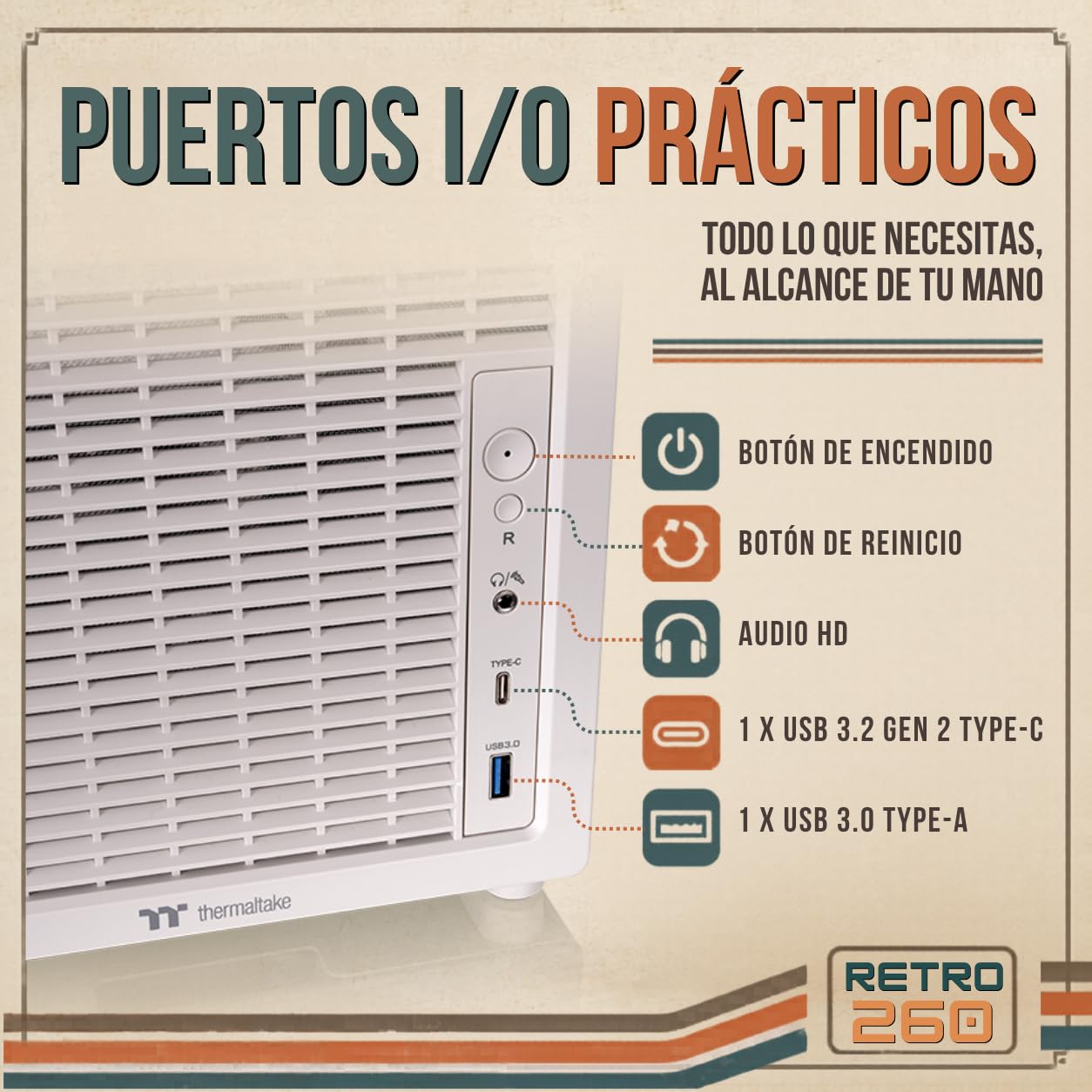 Thermaltake Retro 260 | Caja Micro ATX Diseño Retro | 2 Ventiladores de 120 mm Preinstalados | Cristal Templado Lateral | Compatible Tarjetas Gráficas de hasta 370 mm y AIO de hasta 280 mm | Beige