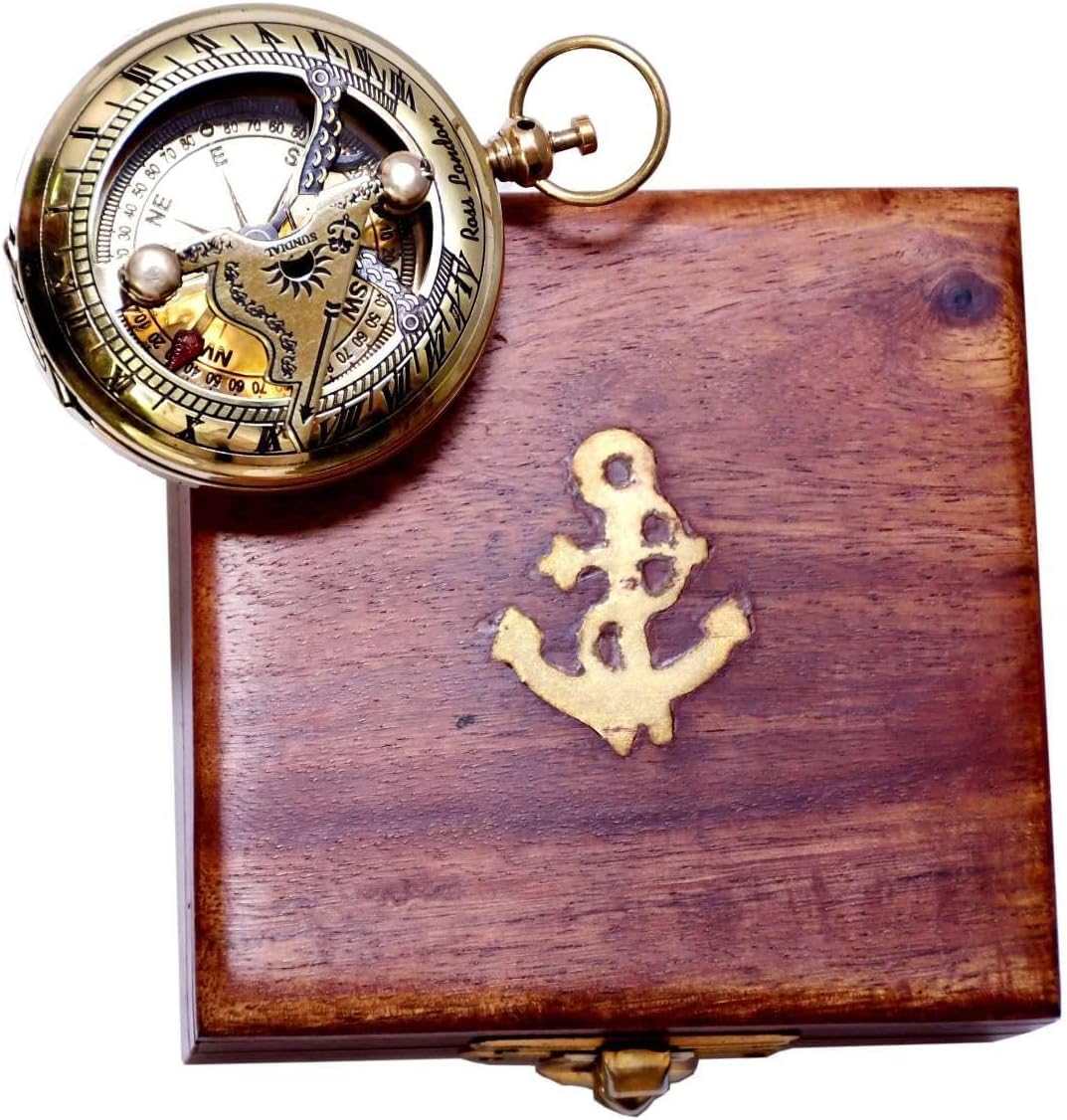 Navigational Sundial Compass Brass Finish Golden Color Small Pocket Compass Square Wooden Box Nautical Gift
