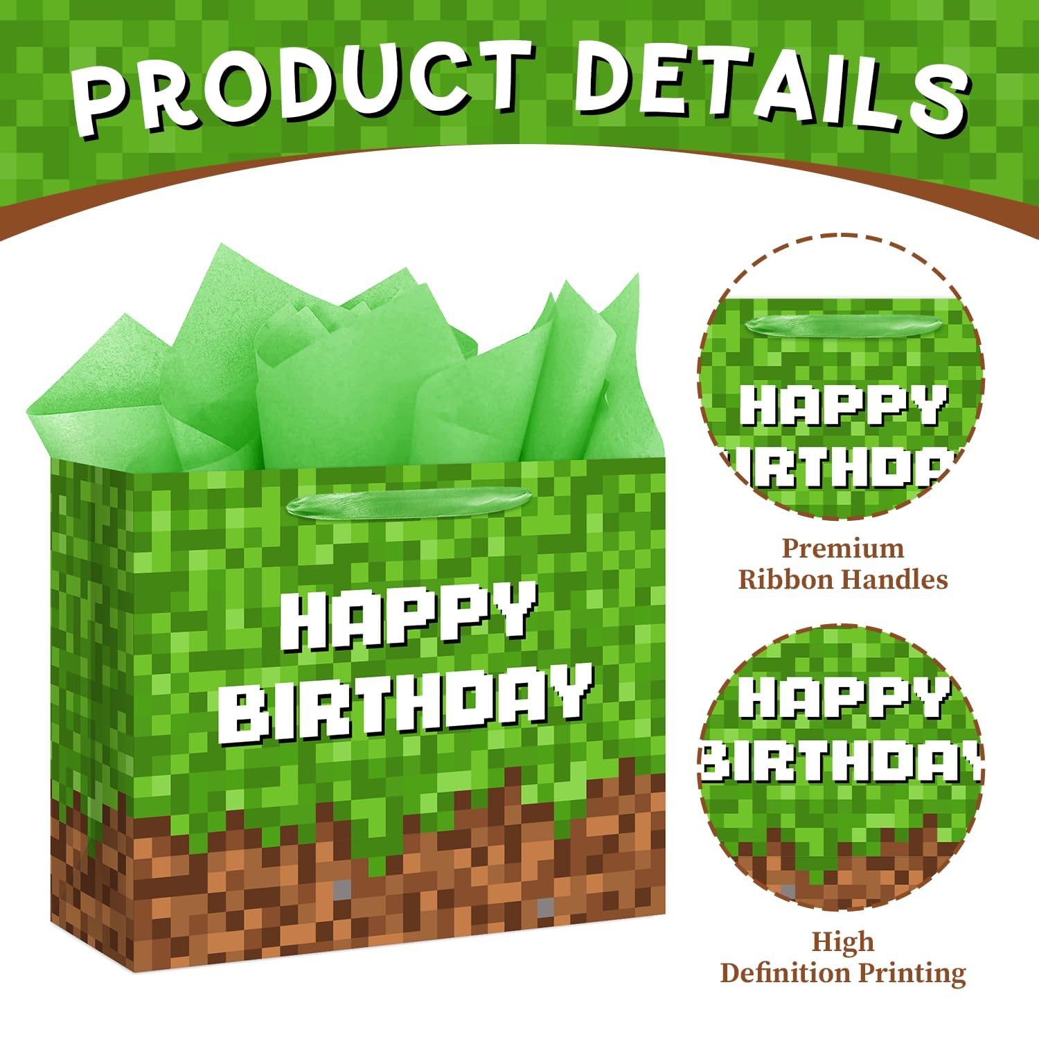 13" Large Green and Brown Pixel Birthday Gift Bag with Tissue Paper and Greeting Card Pixel Miner Theme Party Favor Bags Video Game Party for Boys Girls Kids Teenagers Birthday Decor