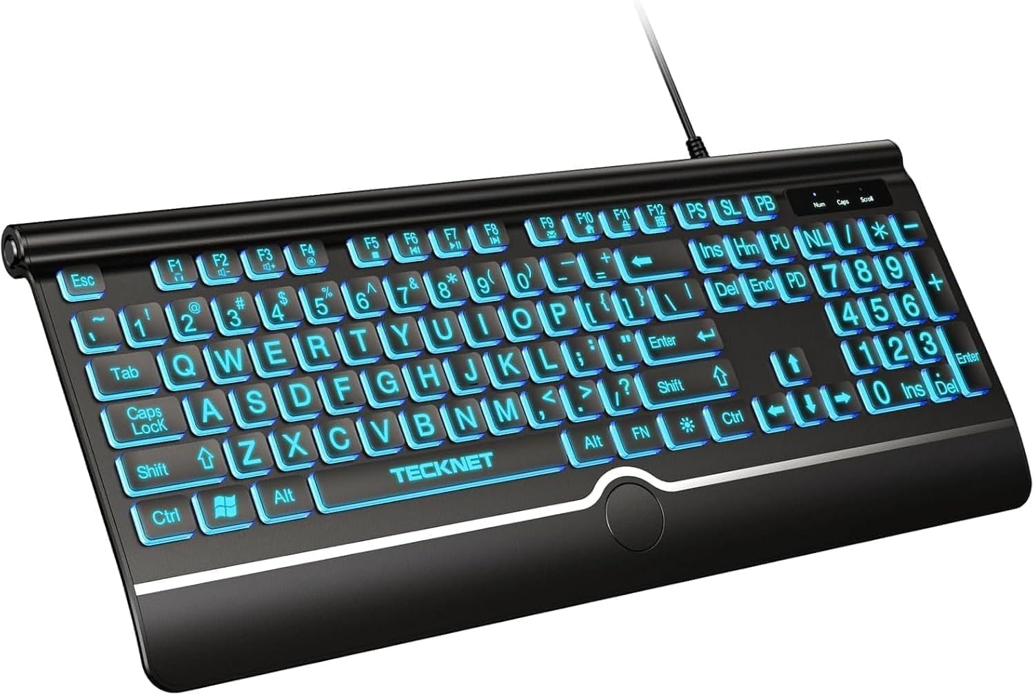 TECKNET Large Print Backlit Keyboard Wired USB-A Computer Keyboard with Wrist Rest 7-Color Backlit Oversized Letter Keys Easy