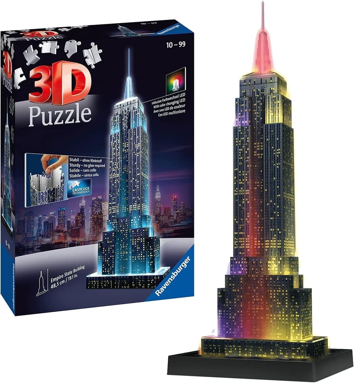 Ravensburger - 3D Puzzle Empire State Building Night Edition con Luces, 216 Piezas, 8+ Años