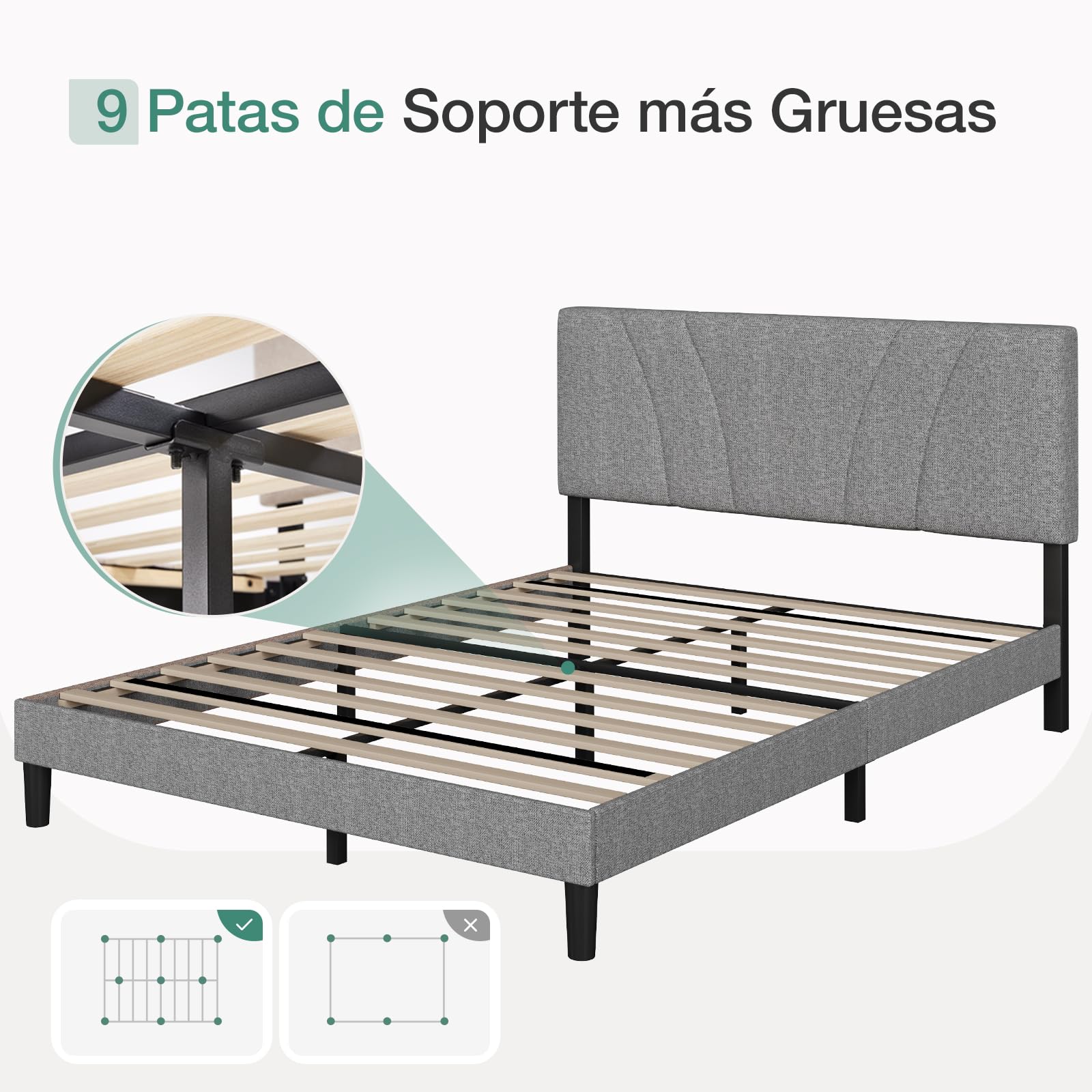 Novilla Somier 180 x 200 cm de Listones de Madera, Estructura de Cama de Laminas de chopo, cabecero tapizado Alto y cómodo de apoyarse, Fácil de Montar, Gris