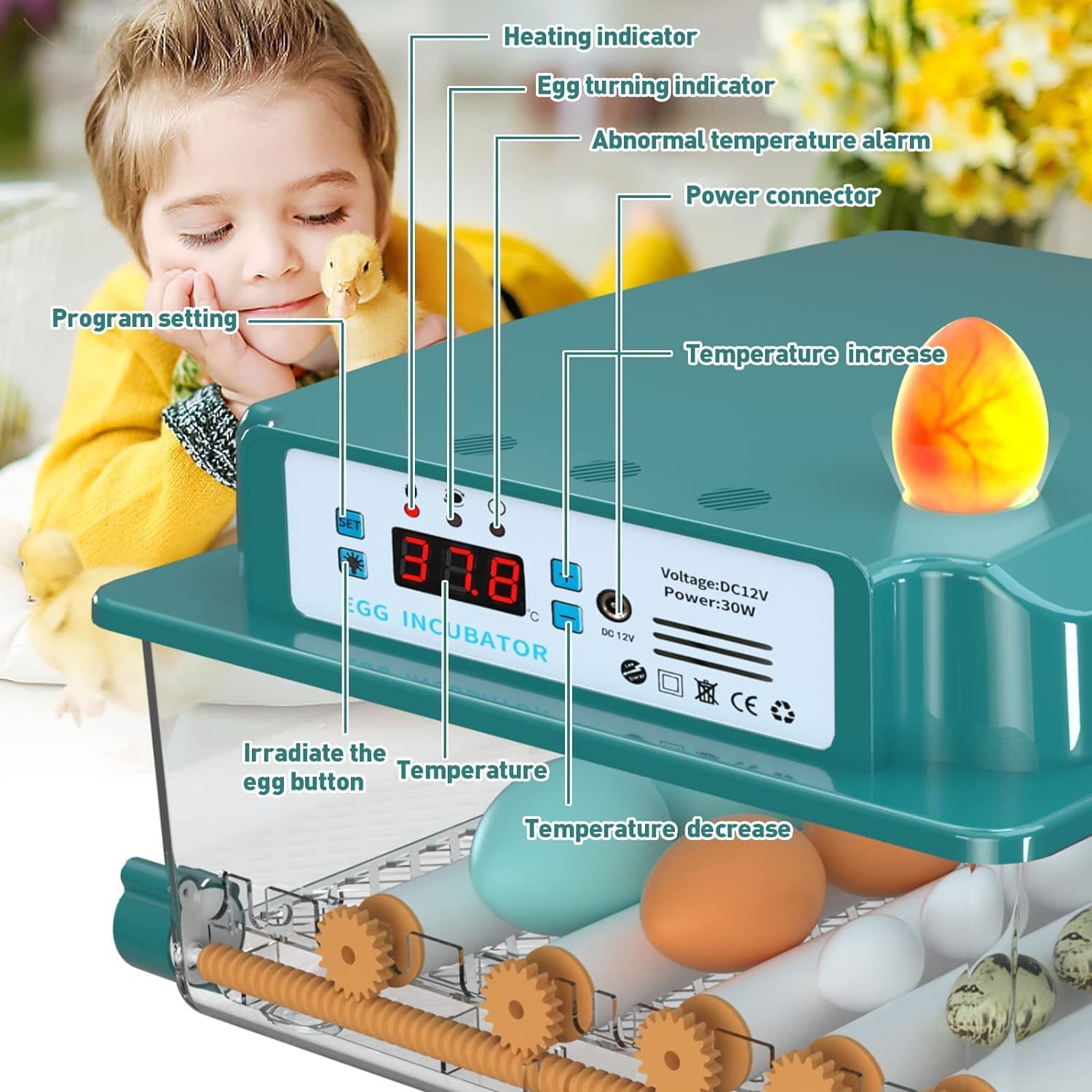 Incubadora de huevos con giro automático, control de temperatura y humedad, reposición de agua, vela de huevo, 5 modos, capacidad de 120 huevos para codorniz, pato, pollo, paloma