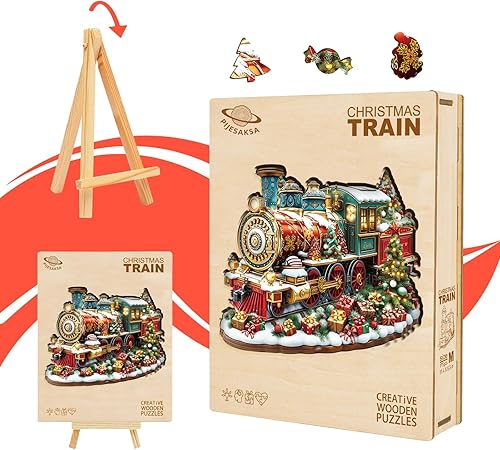 Miniatura 7 de Rompecabezas de madera de Navidad para adultos, rompecabezas de madera de tren de Navidad para adultos, rompecabezas de madera de forma única,