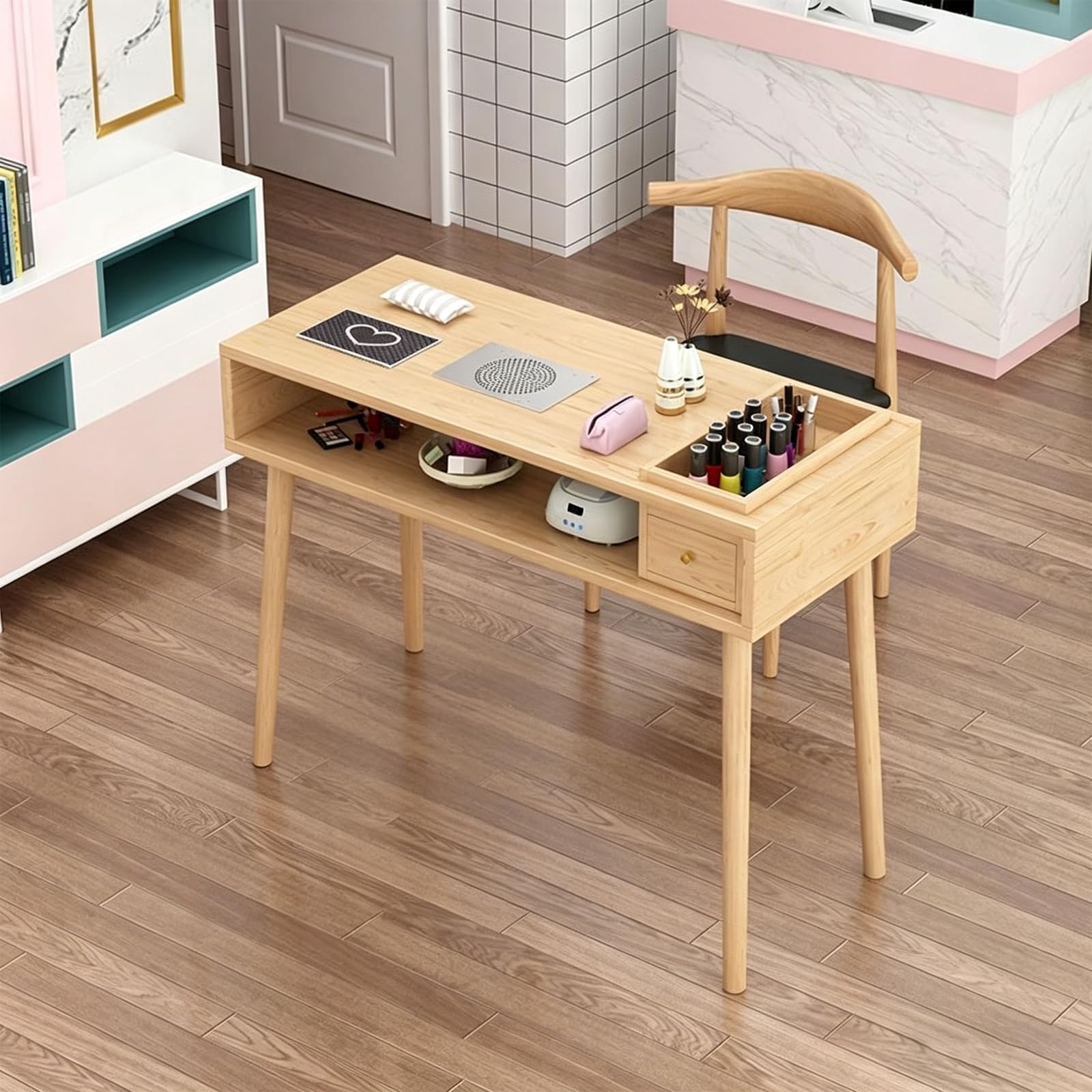 Mesa de Arte de Uñas de Madera Maciza, Banco de Trabajo de Uñas de Doble Capa, Tocador con Cajón de Almacenamiento y Aspiradora, Adecuado para Salones de Manicura, Salones de Belleza 120cm/47.2in