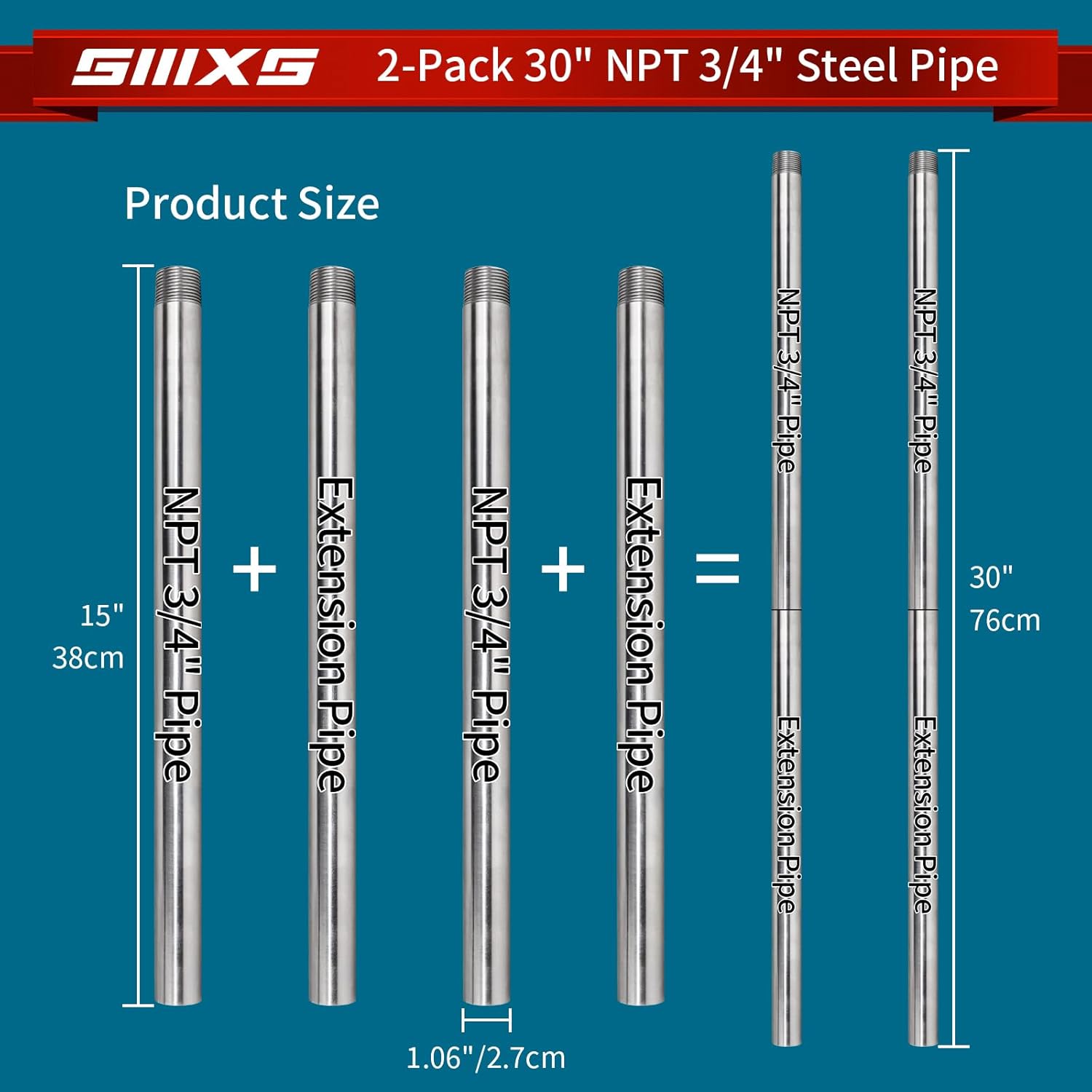 2-Pack 3/4"X30" Heavy Duty Metal Pipe with stardard NPT 3/4" thread Fit for Pipe Clamps