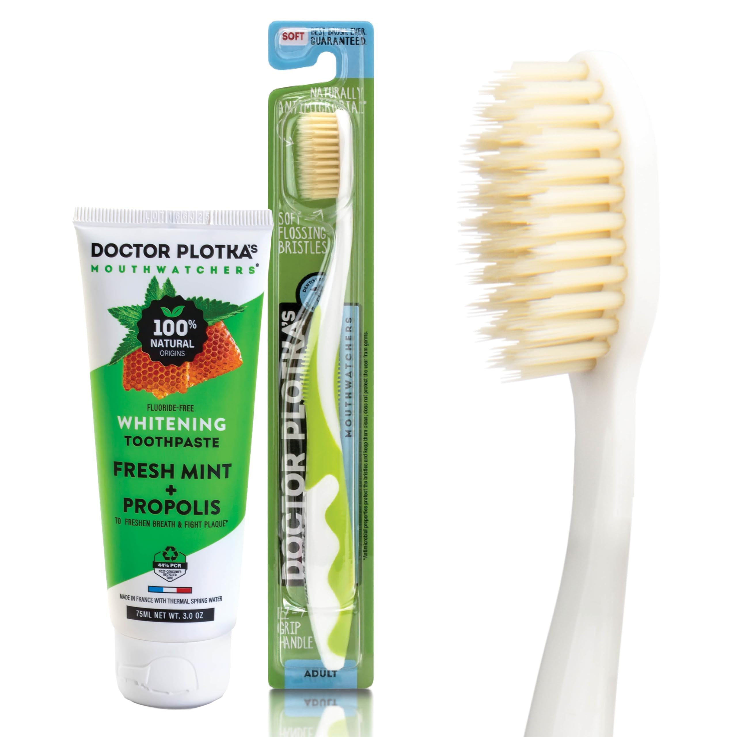 MOUTHWATCHERSSoft Flossing Manual Toothbrush for Adults, 1 Green, and 1 Whitening Toothpaste, Fluoride Free Naturally Sourced, 3 oz, by Dr. Plotka's