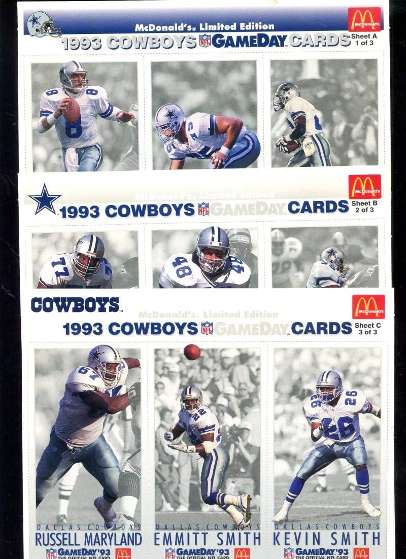 1993 GameDay 93 Dallas Cowboys Team McDonald's McDonalds Football Card Complete Set Uncut Sheet 1 2 3 A B C Troy Aikman Emmitt Smith Michael Irvin Game Day NFL