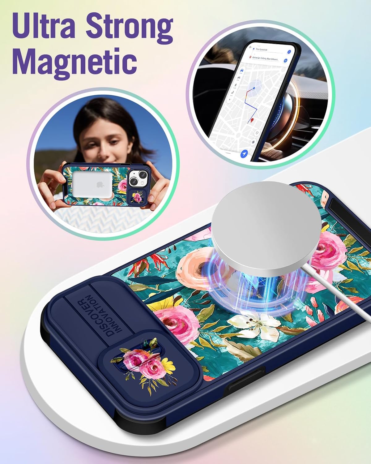 Buleens for iPhone 14 Case 6.1 Inch - with Ring Stand & Camera Cover Aesthetic Cute Designed for Women Girls Girly Pretty Lake Blue Flowers for Phone Case for iPhone 14 Compatible with Magsafe - Image 4