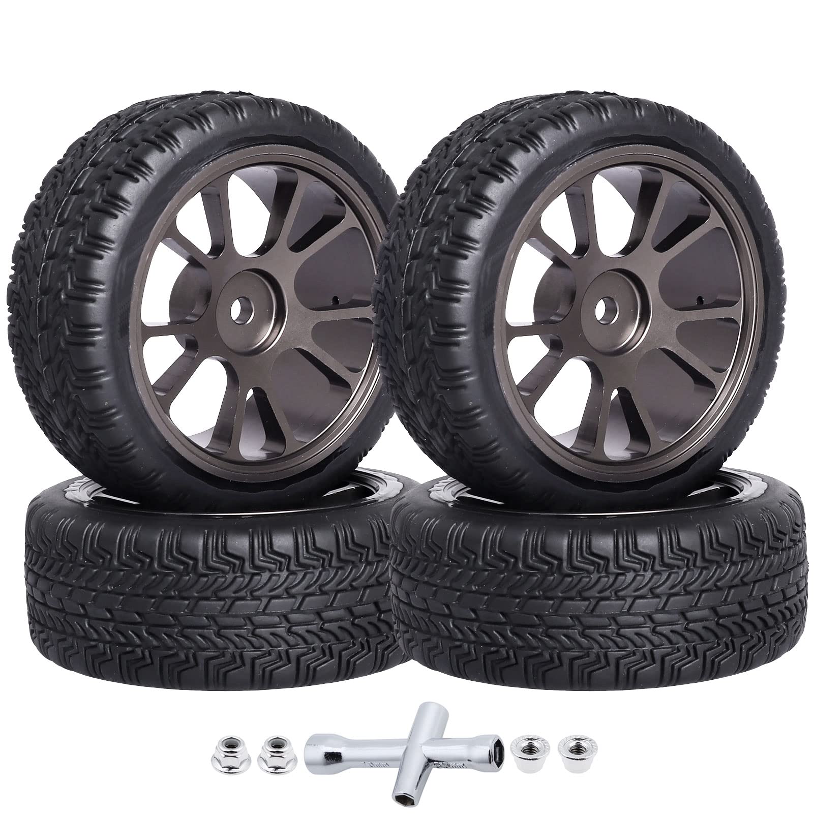 GoHooby 1/10 RC Car Tires & Wheels - 2.55" Pre-Glued Set With 12mm Hex, Fits Traxxas, Tamiya (4-Pack)