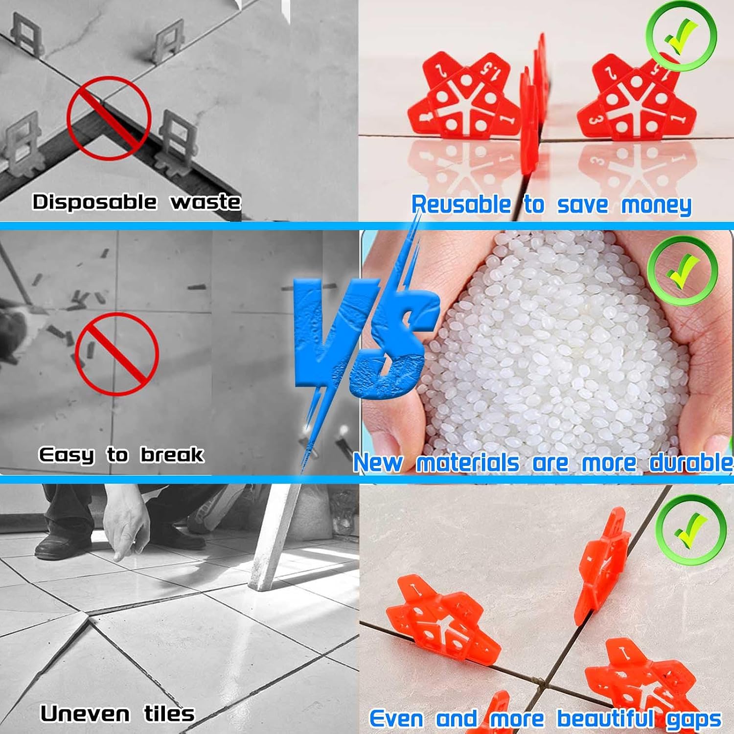 Tile Spacers 300pcs Reusable Multi Size Horseshoe U Shape Plastic Shims Upgraded 5 Sizes in 1 Spacer Tile Cross Spacer Floor Tile Leveling, Suit for 1-1.5-2-2.5-3mm(1/32)(1/16'')(5/64)(3/32)(1/8")Gap