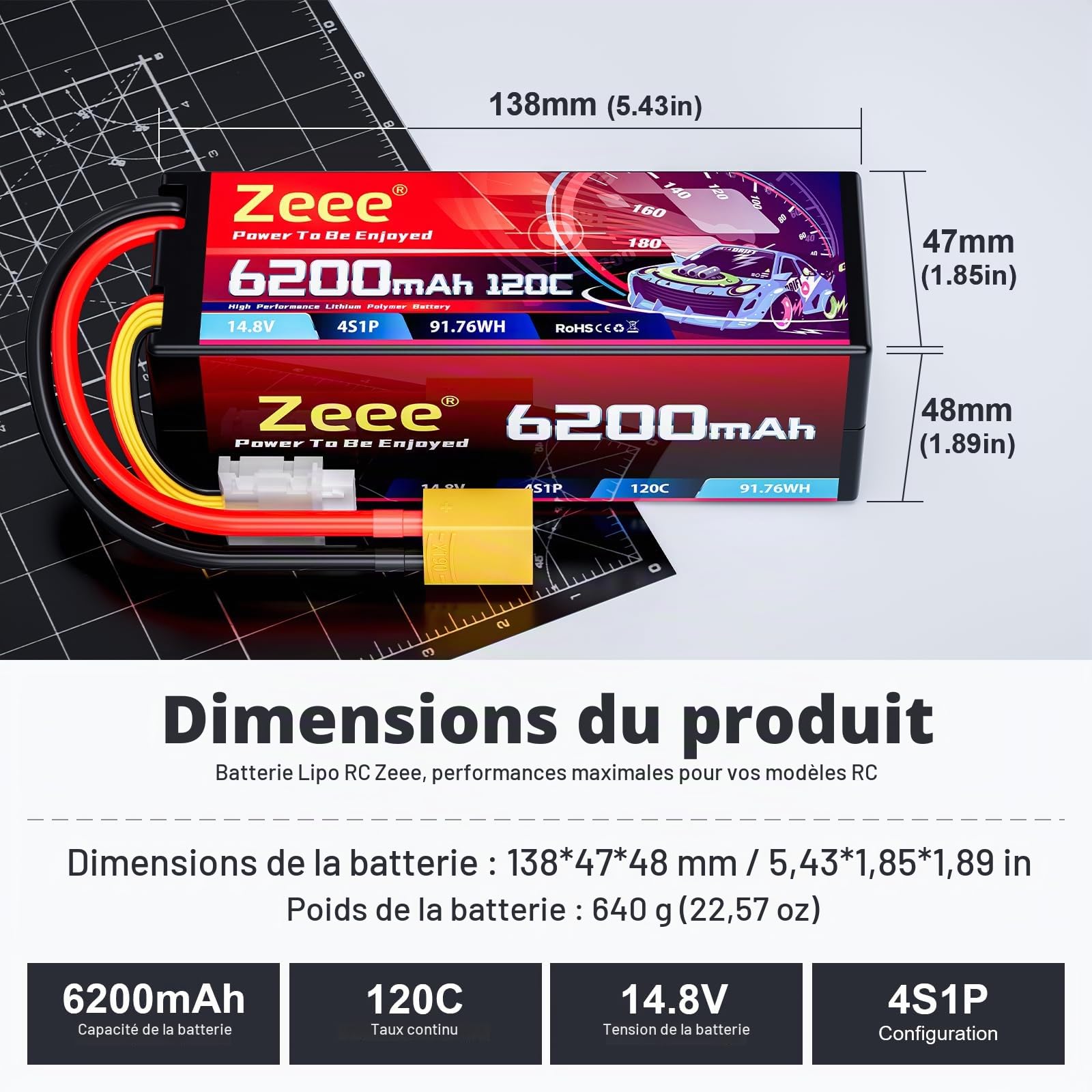 Zeee 4S Lipo 6200mAh 14.8V 120C Hardcase avec Prise XT90(2 Paquets)