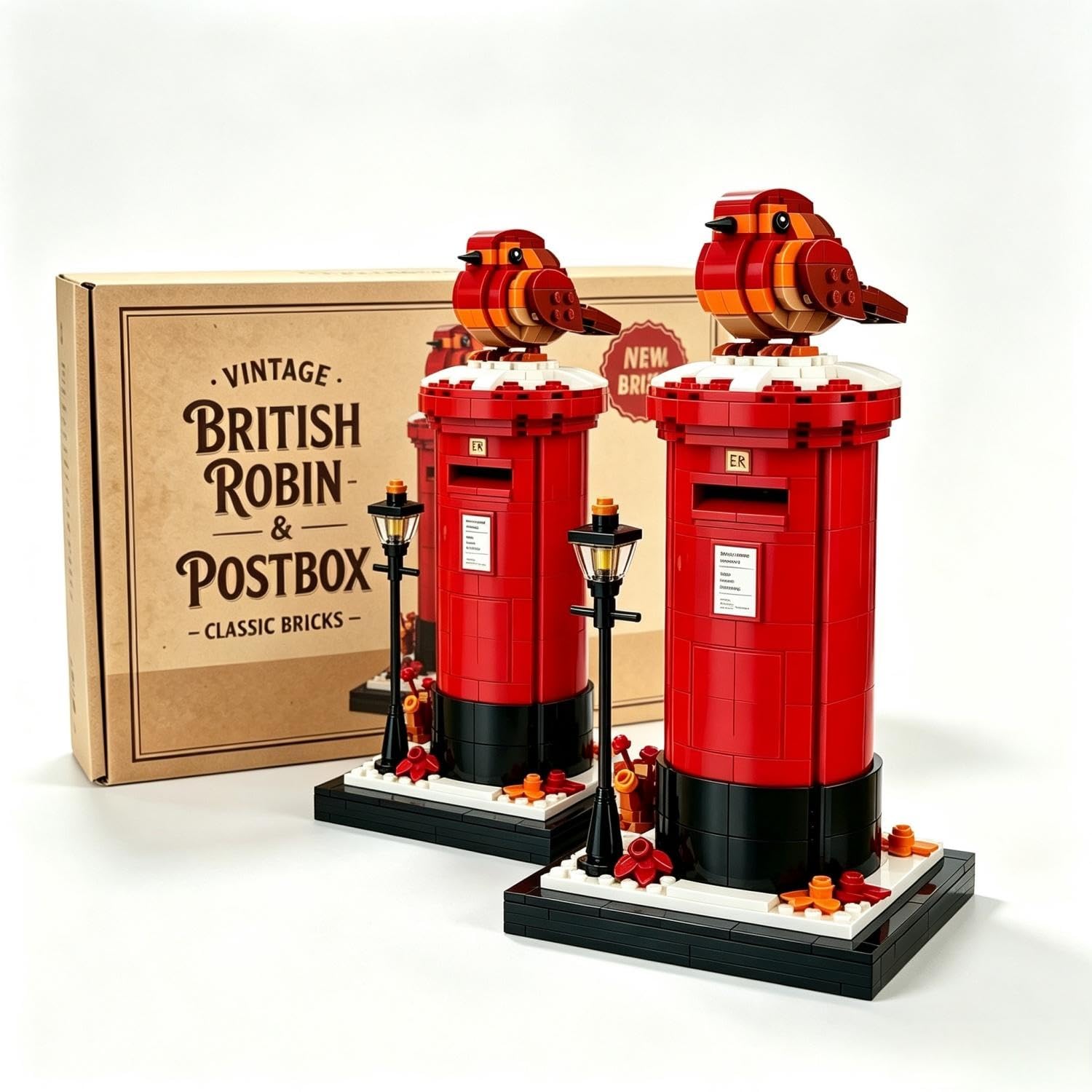 CHNNIjidser Vintage Postbox & Robin Brick Set,British Robin Red Postbox Building Blocks Set,400+ Pieces Standard Bricks,Retro London Mailbox & Bird Brick Model for Bird Lovers and Collectors
